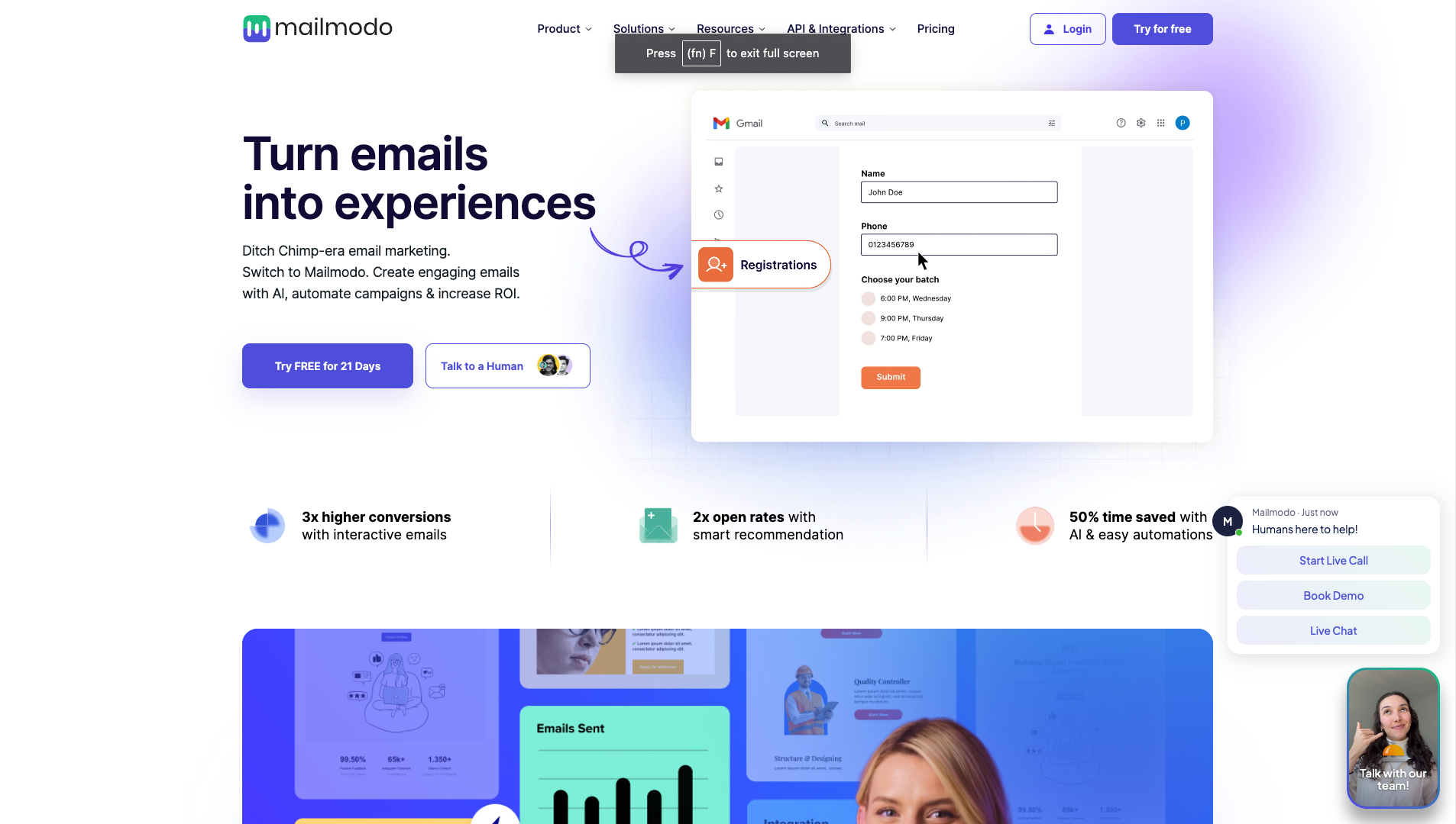 Screenshot of the Mailmodo website