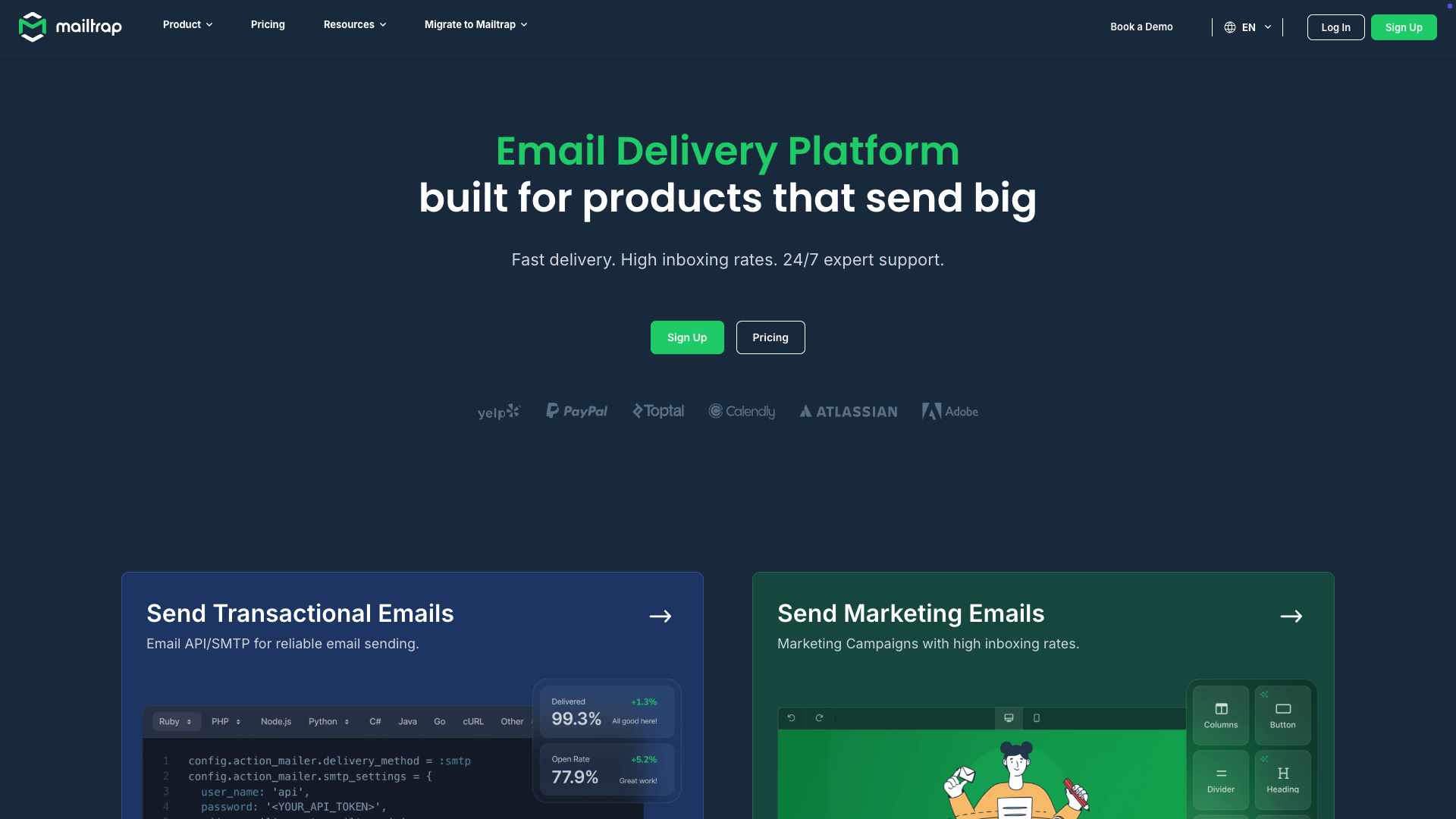 Screenshot of Mailtrap Homepage