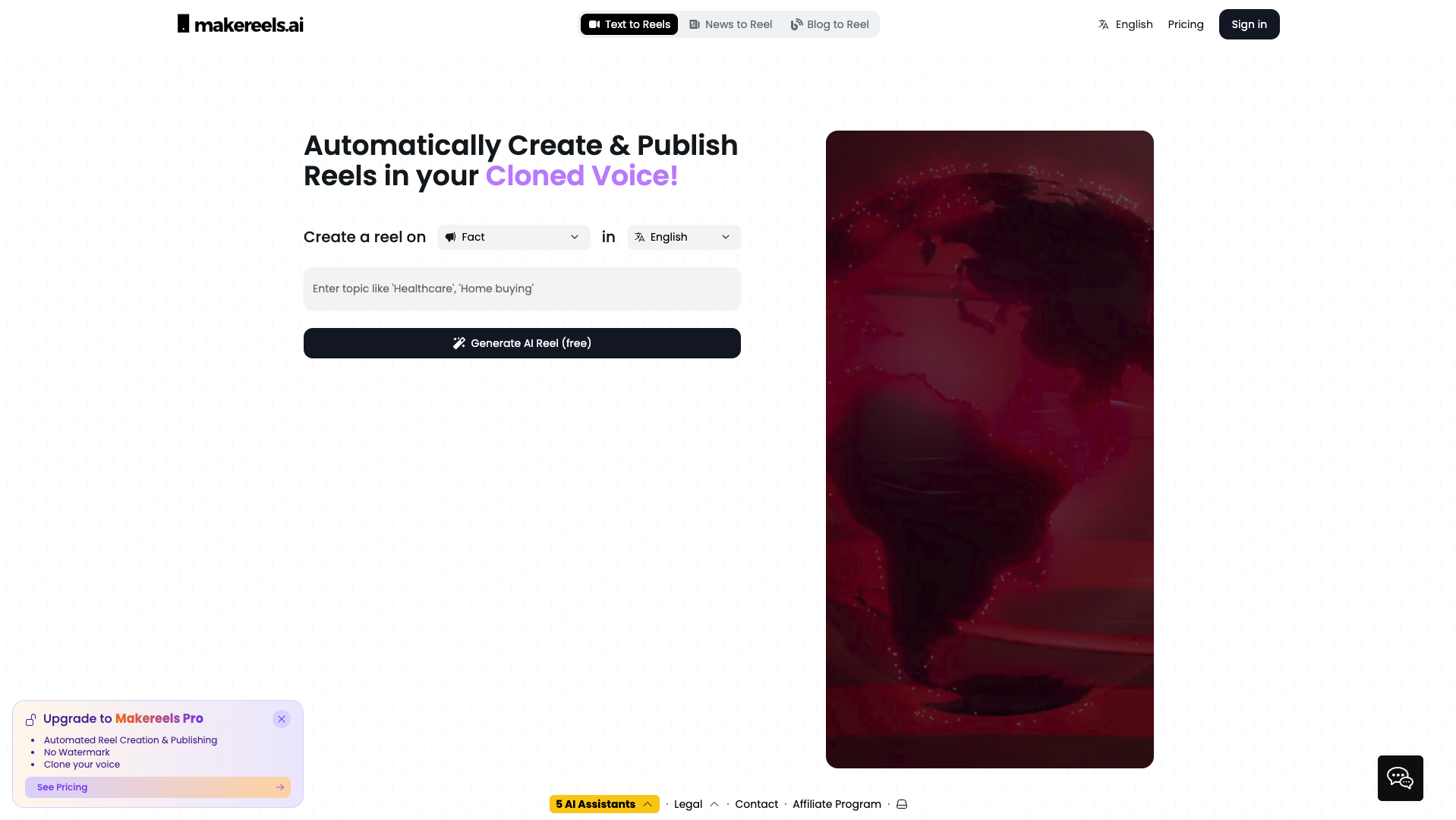 Screenshot of the MakeReels.ai website