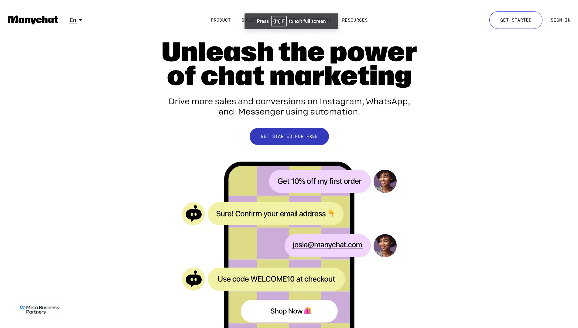 Screenshot of the ManyChat website