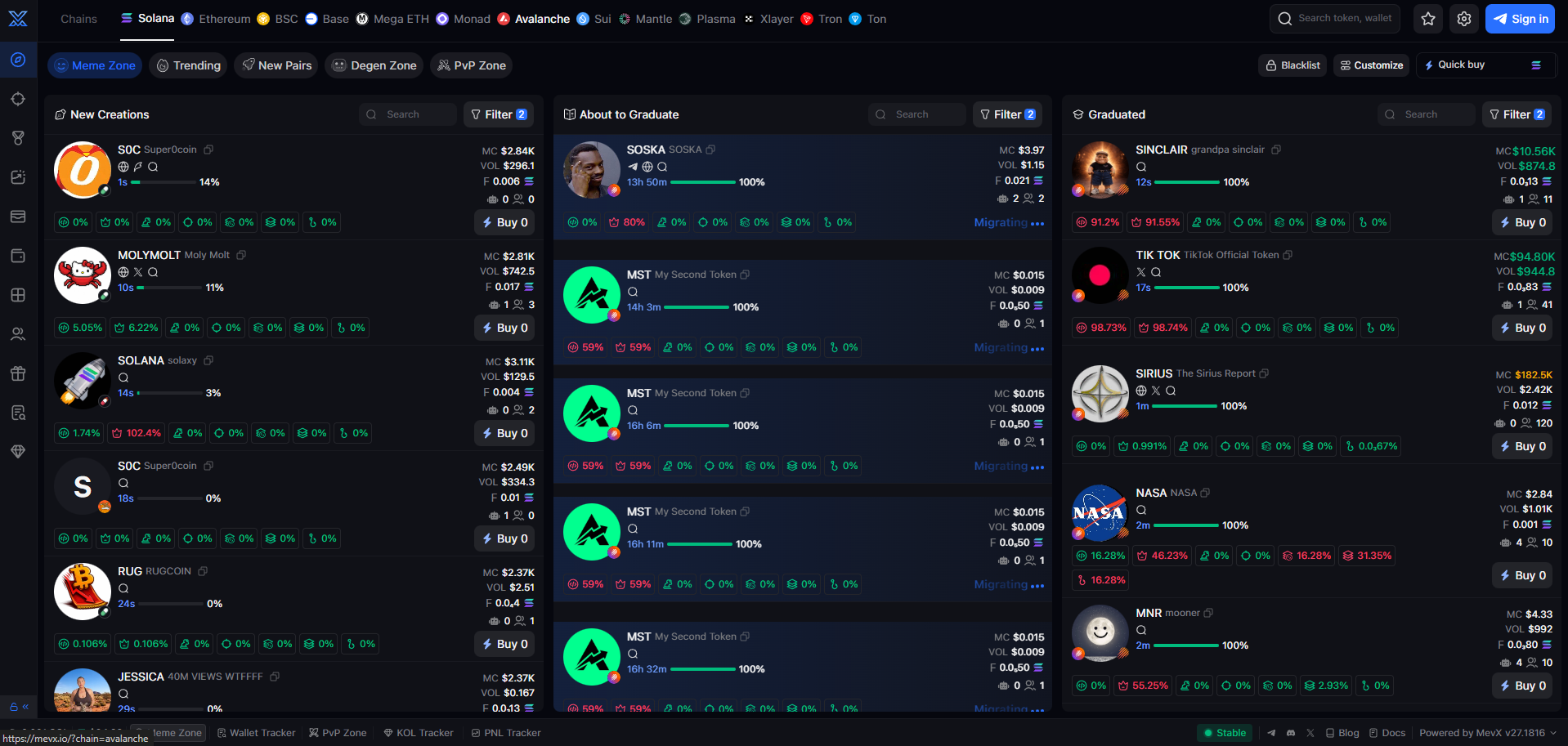 Screenshot of the MevX website