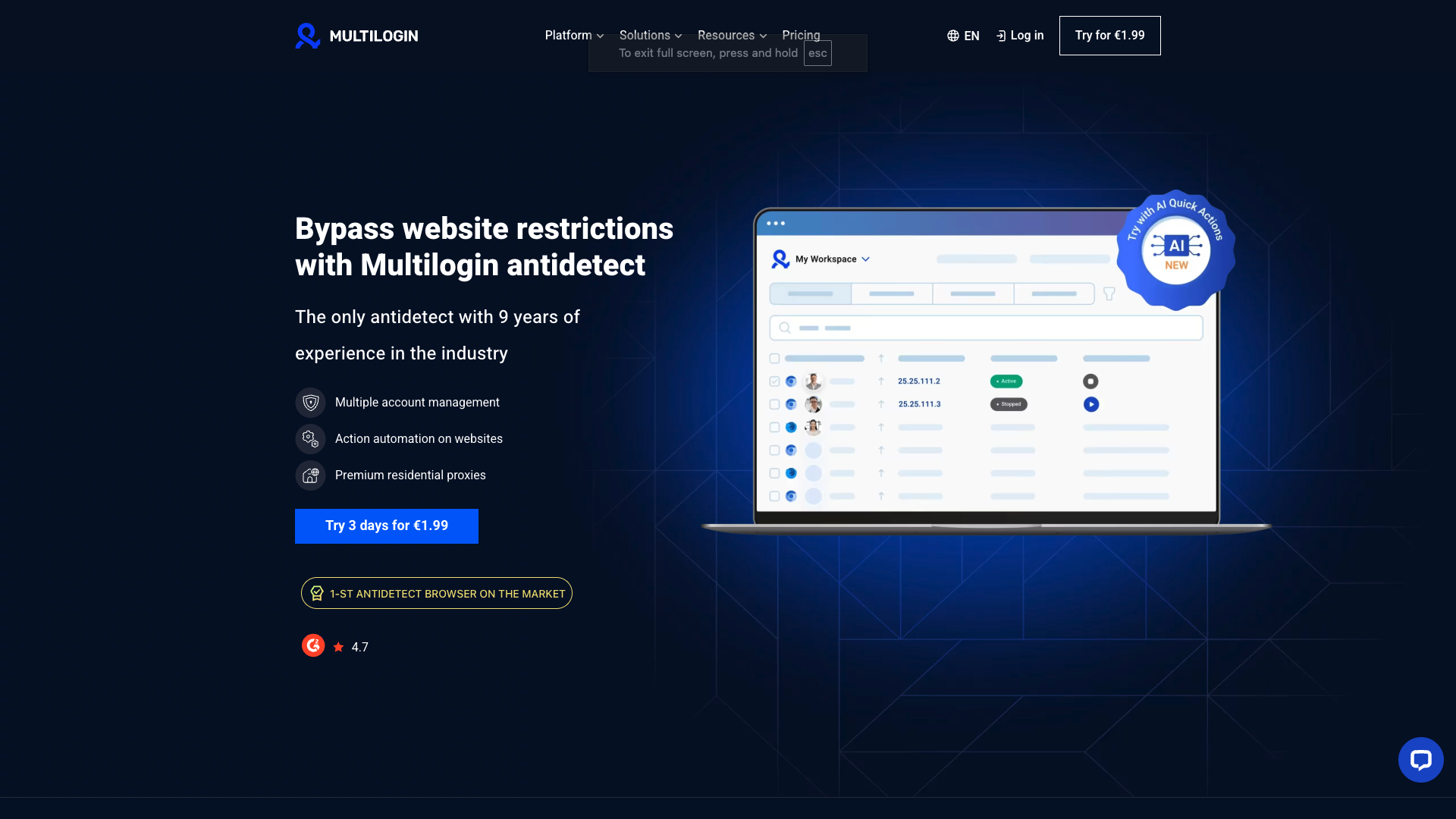 Screenshot of Multilogin Homepage