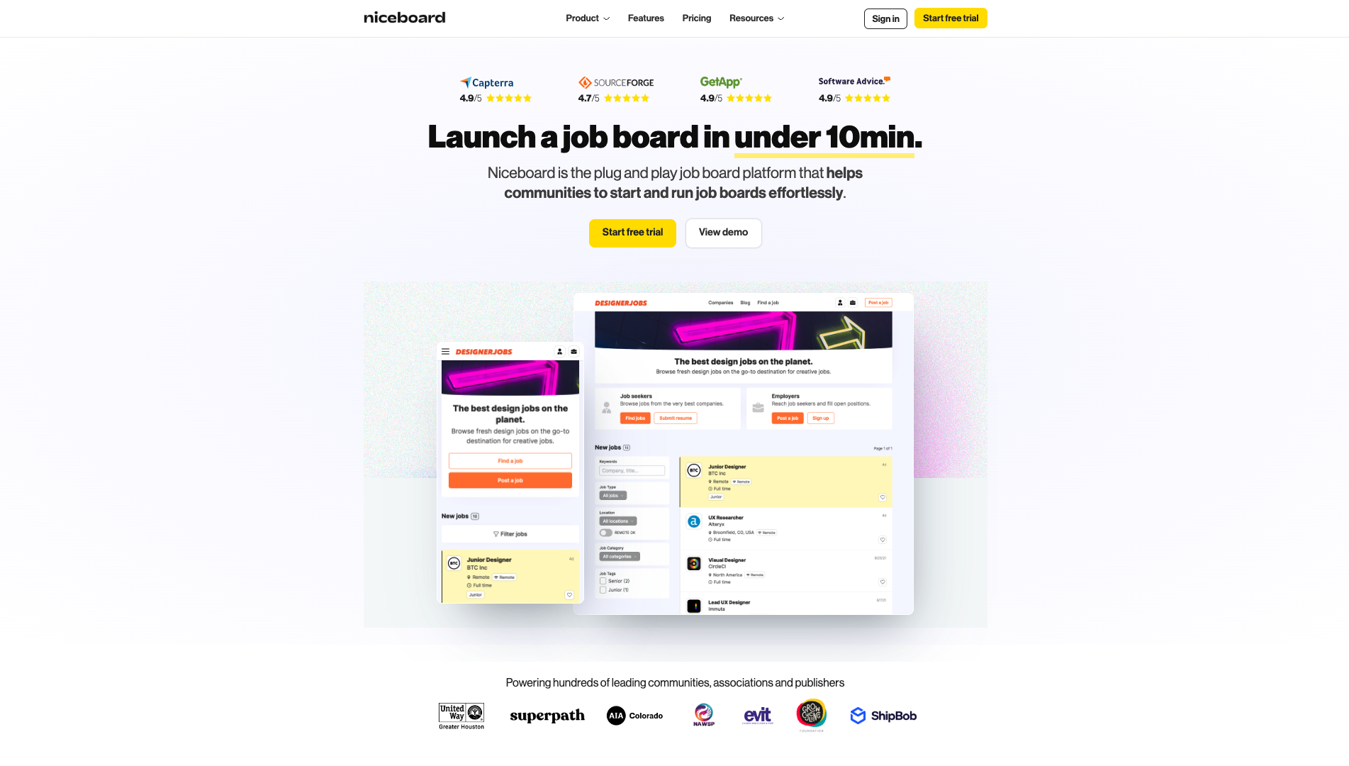 Screenshot of Niceboard Homepage