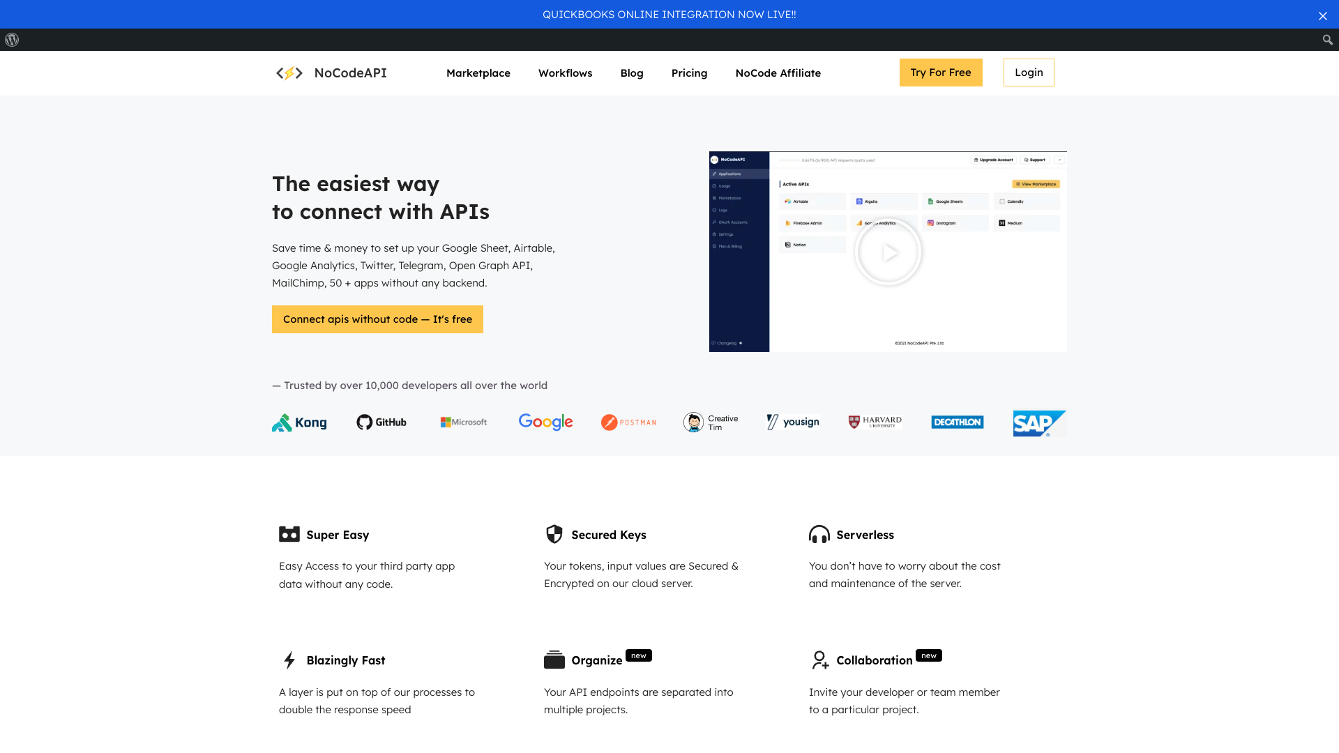 Screenshot of the NoCodeAPI website