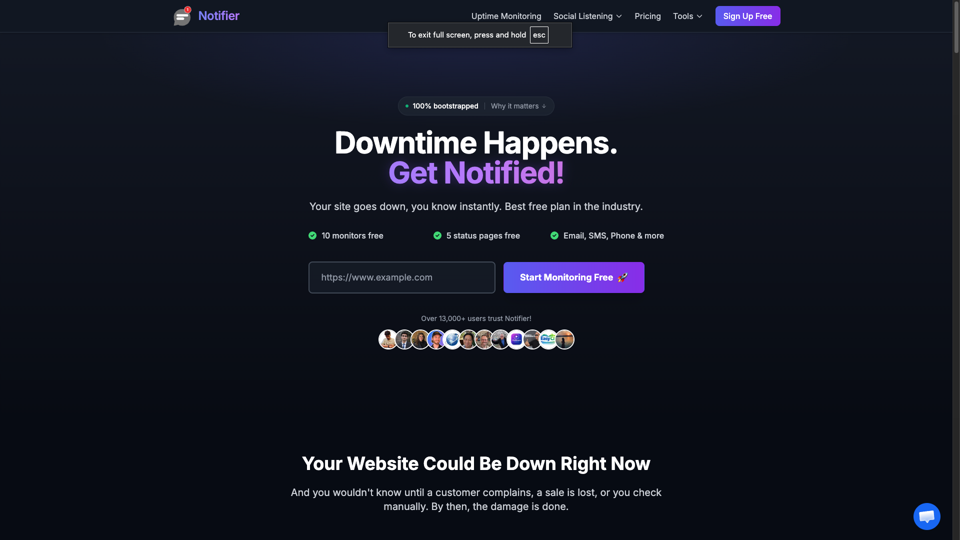Screenshot of the Notifier website