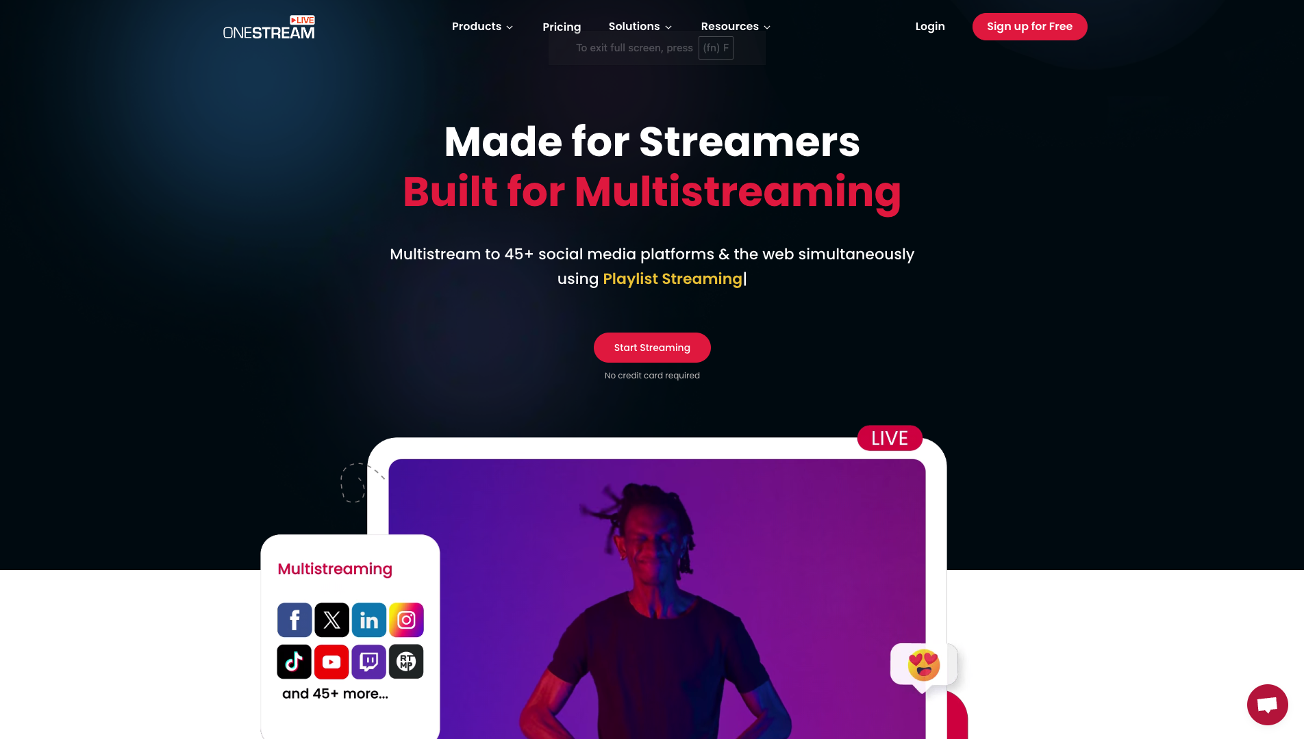 Screenshot of the Onestream Live website