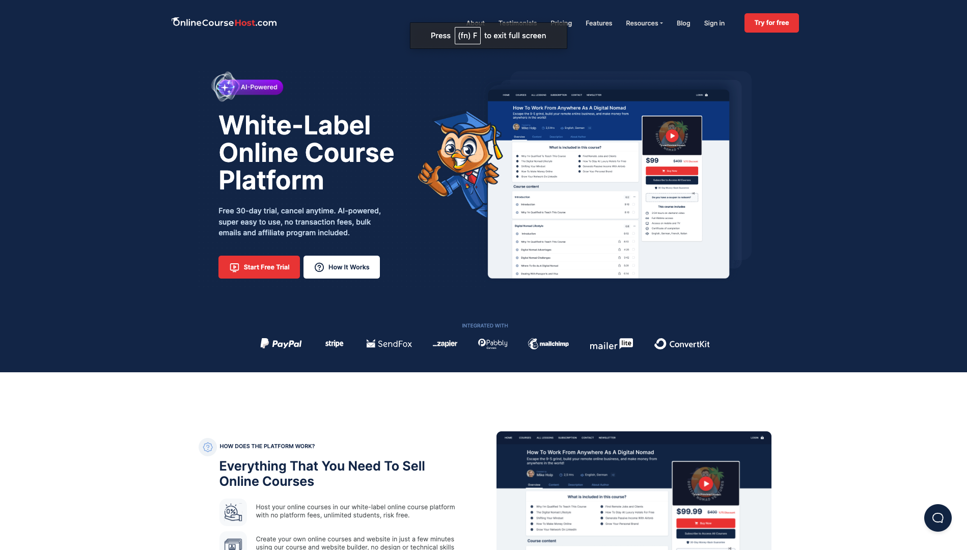 Screenshot of the OnlineCourseHost website