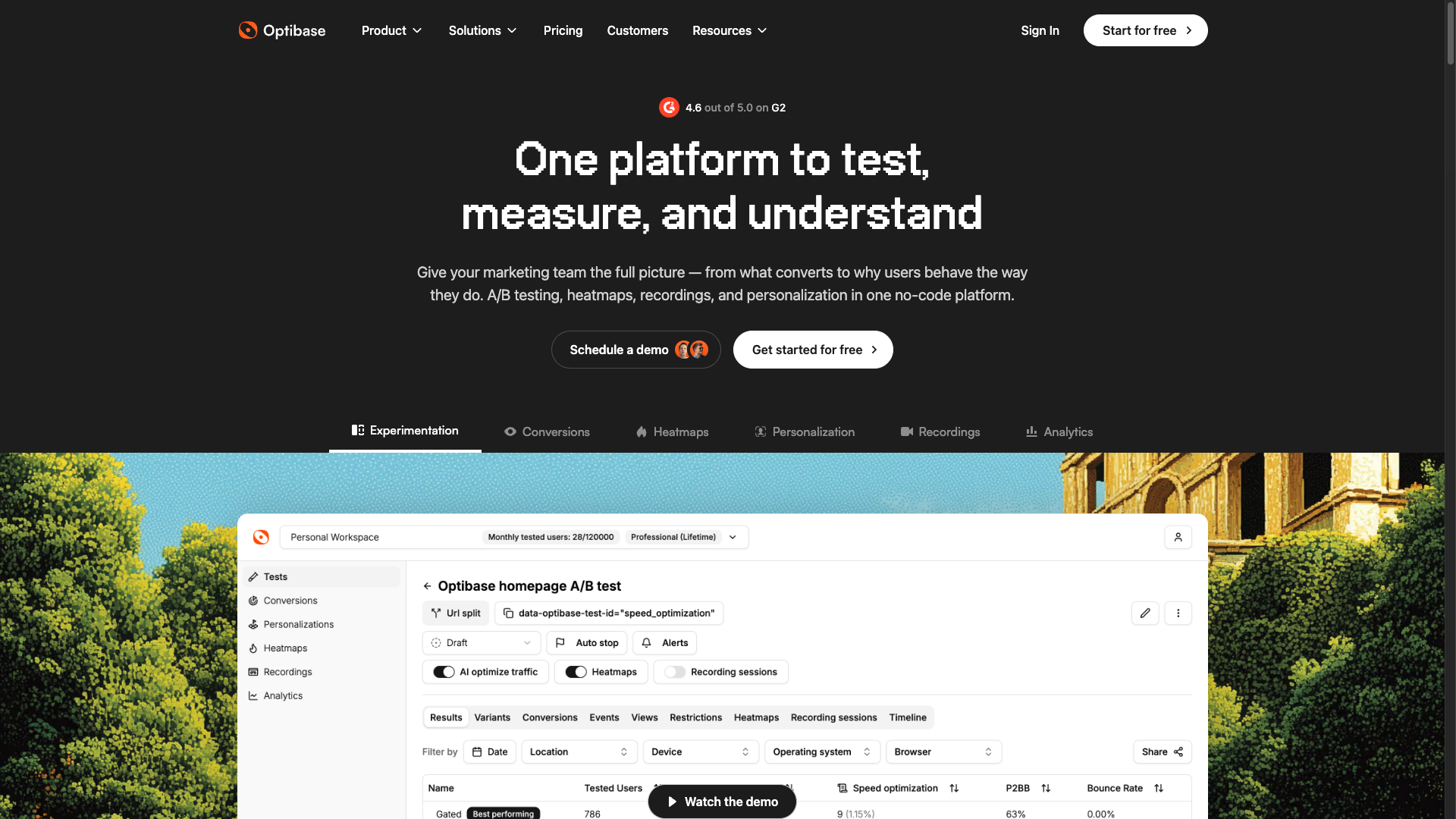 Screenshot of the Optibase website