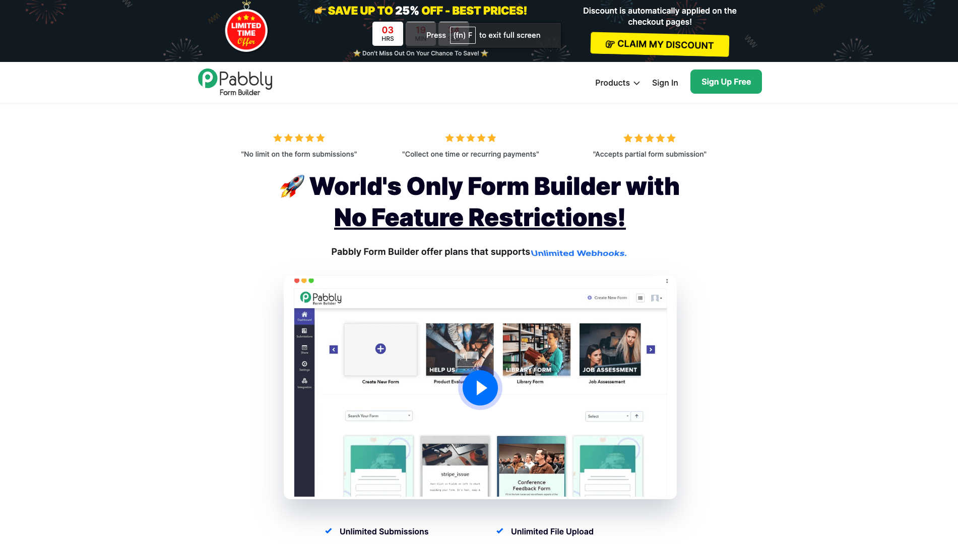 Screenshot of the Pabbly Form Builder website