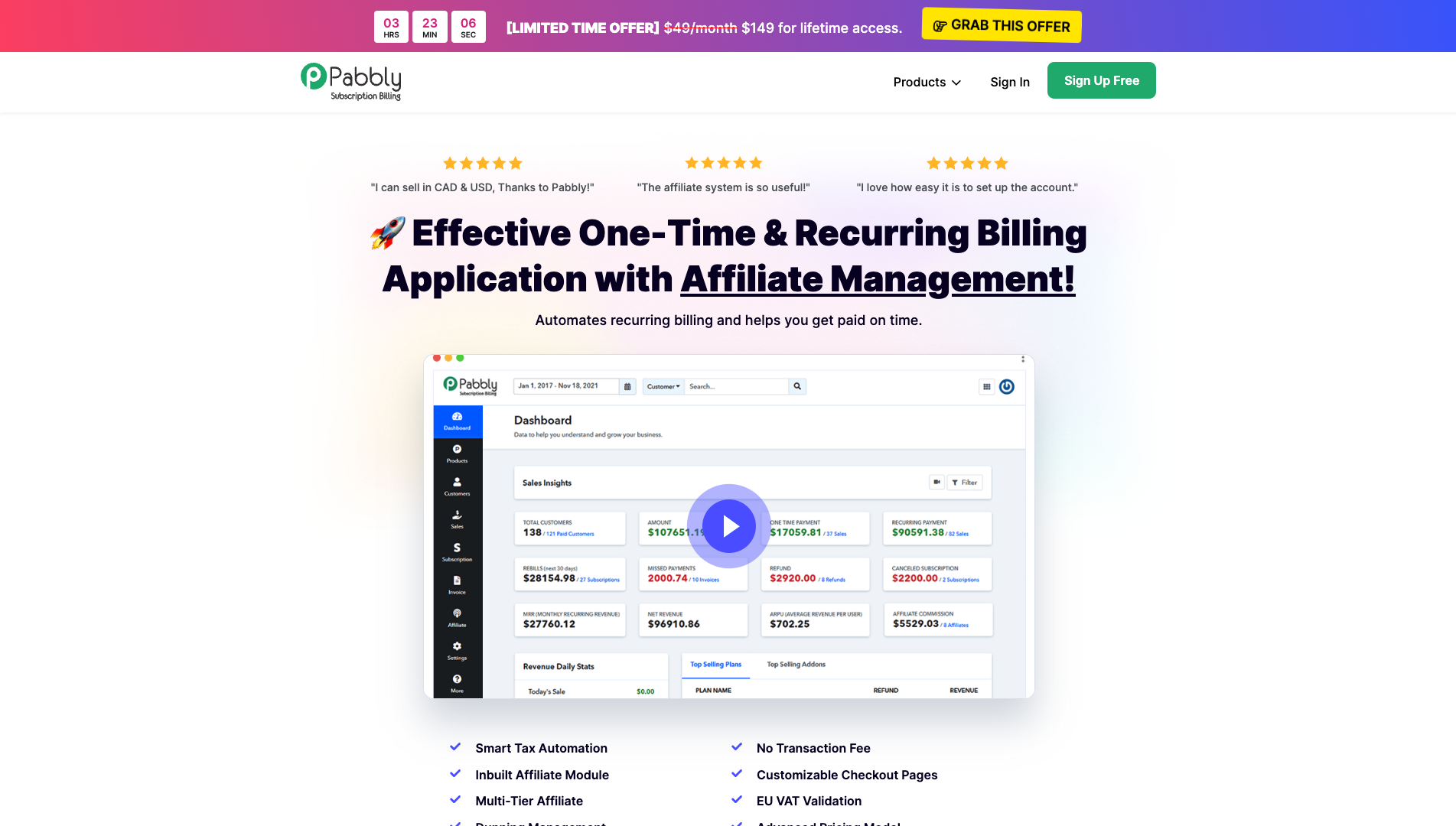 Screenshot of the Pabbly Subscription Billing website