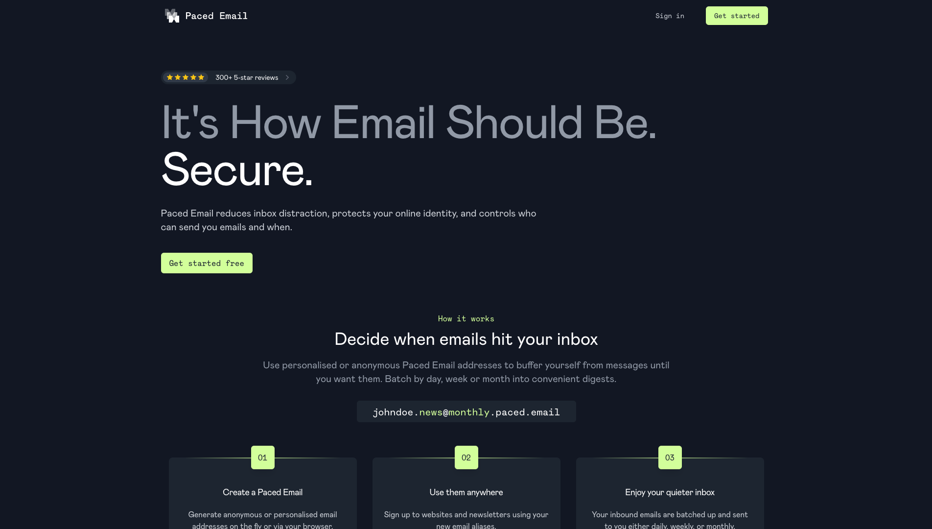 Screenshot of the Paced Email website