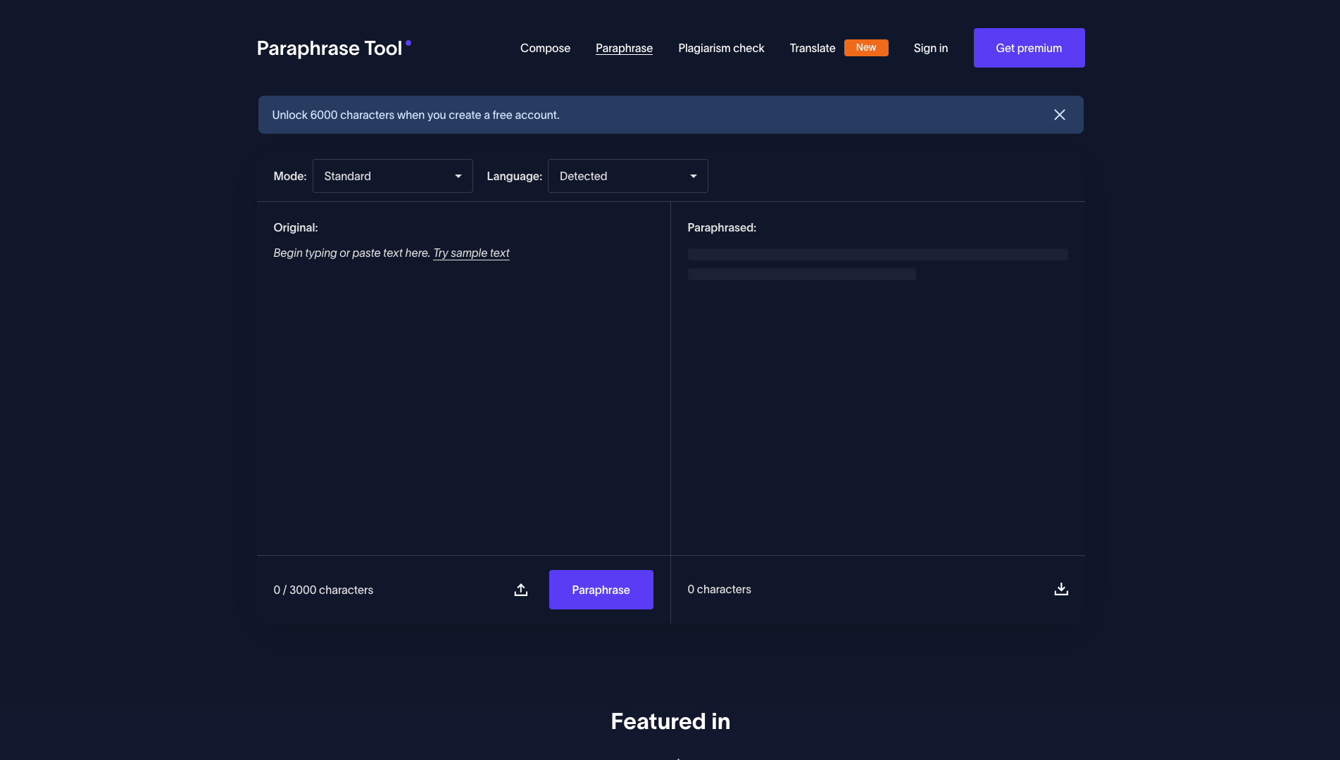 Screenshot of the Paraphrase Tool website