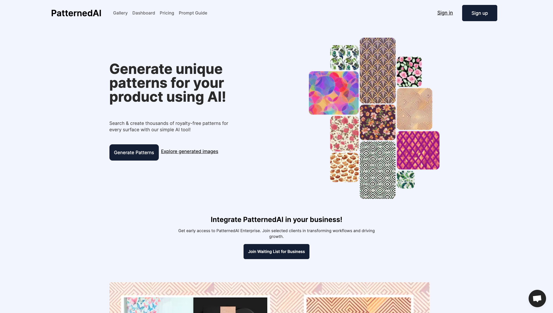 Screenshot of the PatternedAI website