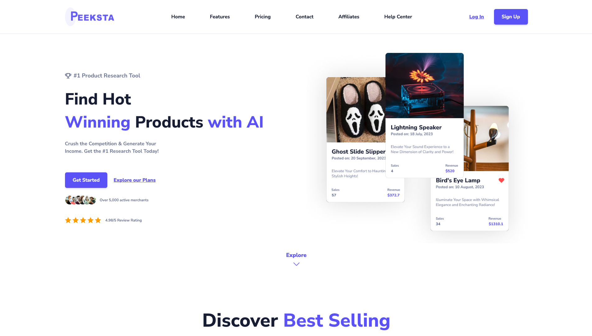 Screenshot of the Peeksta website