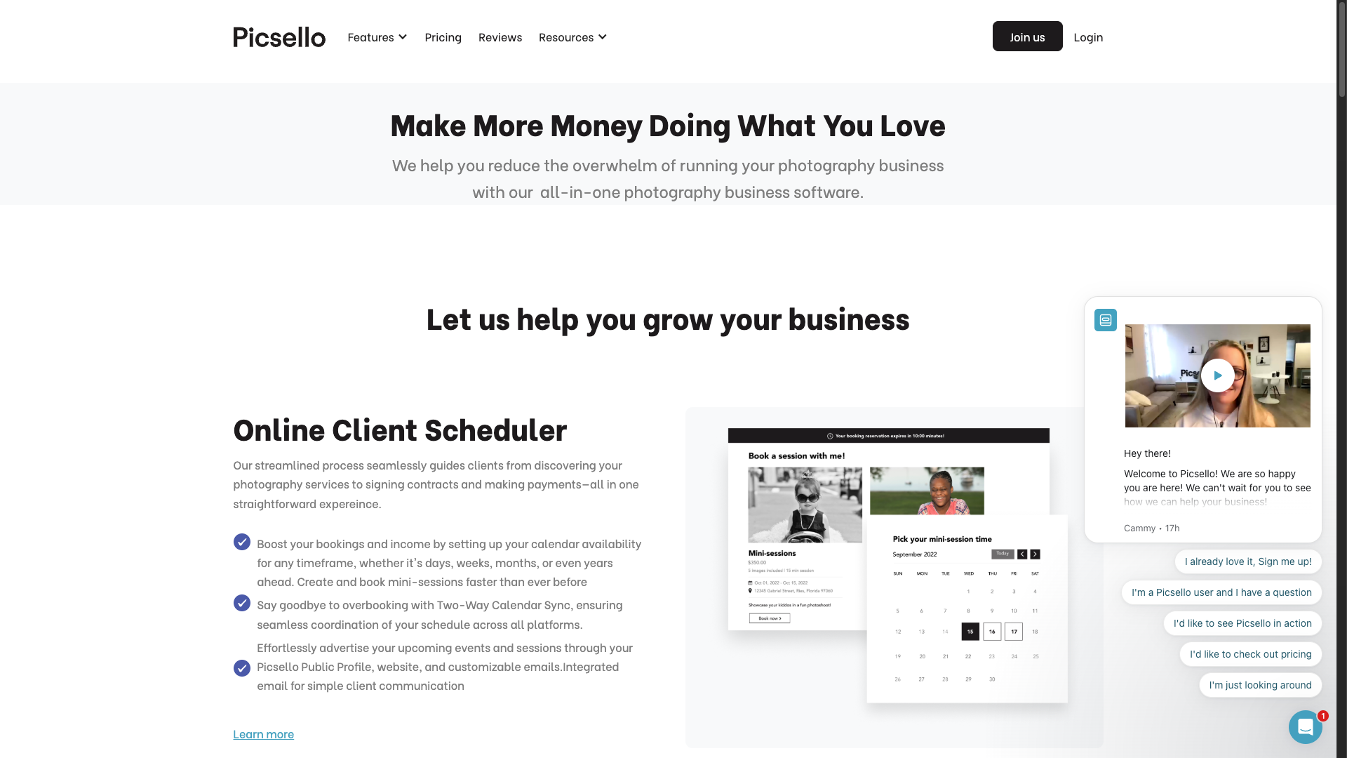 Screenshot of the Picsello website