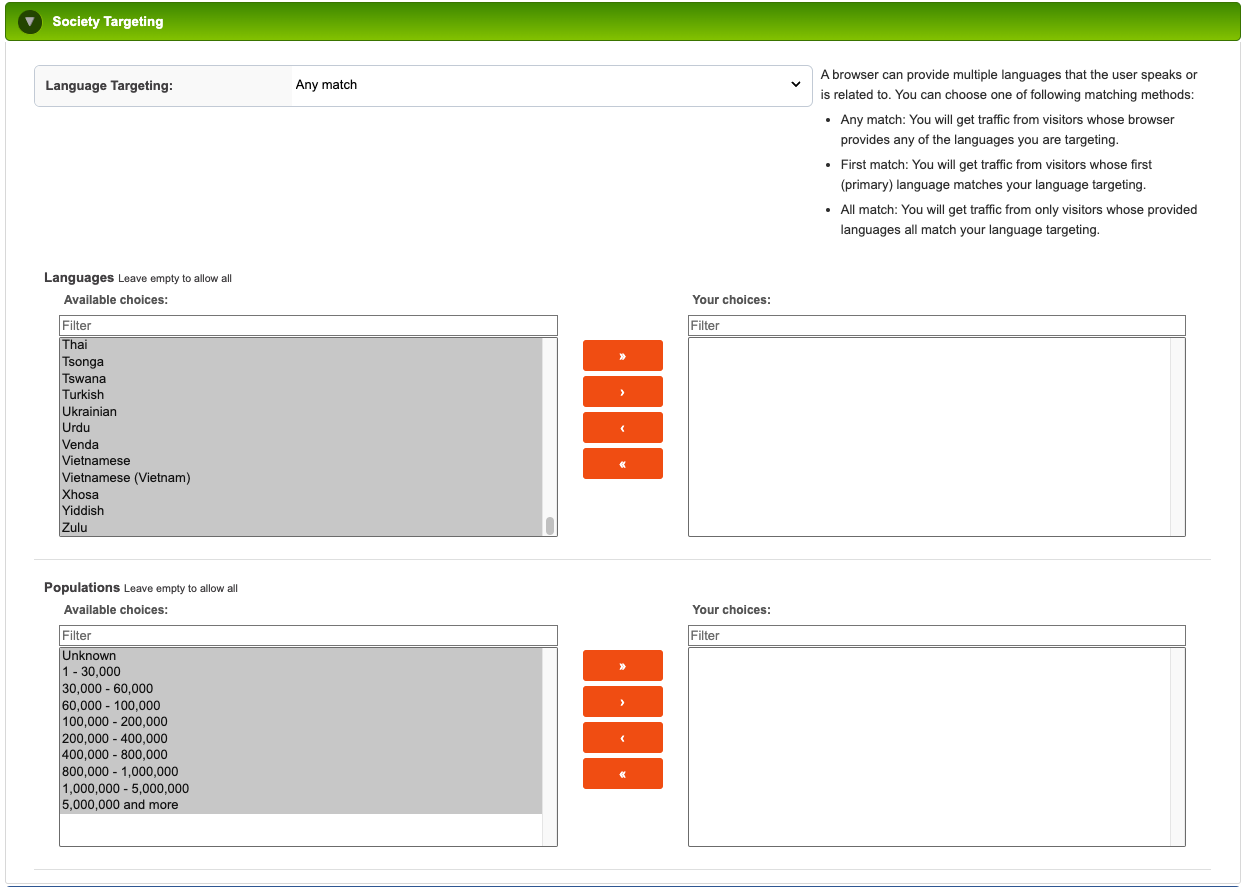 Popads Language Targeting