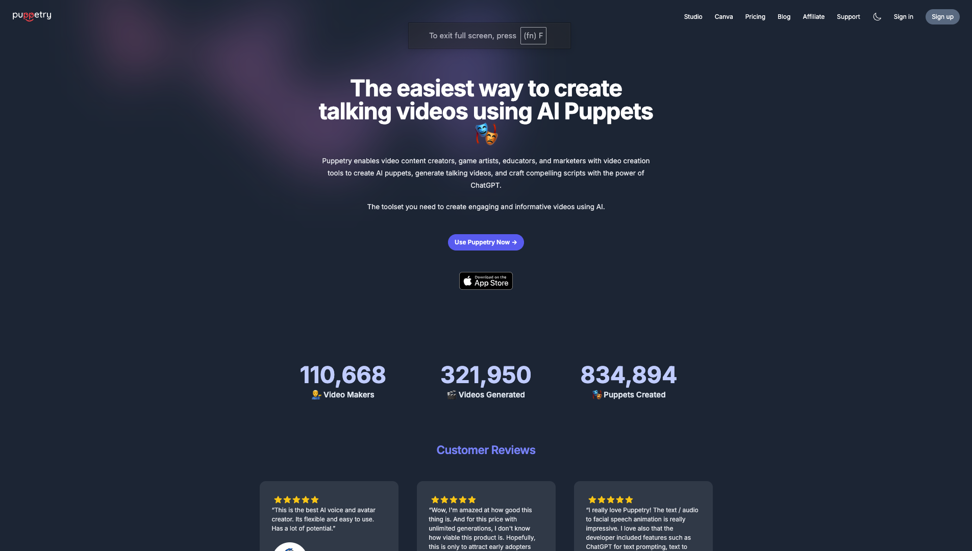 Screenshot of the Puppetry website