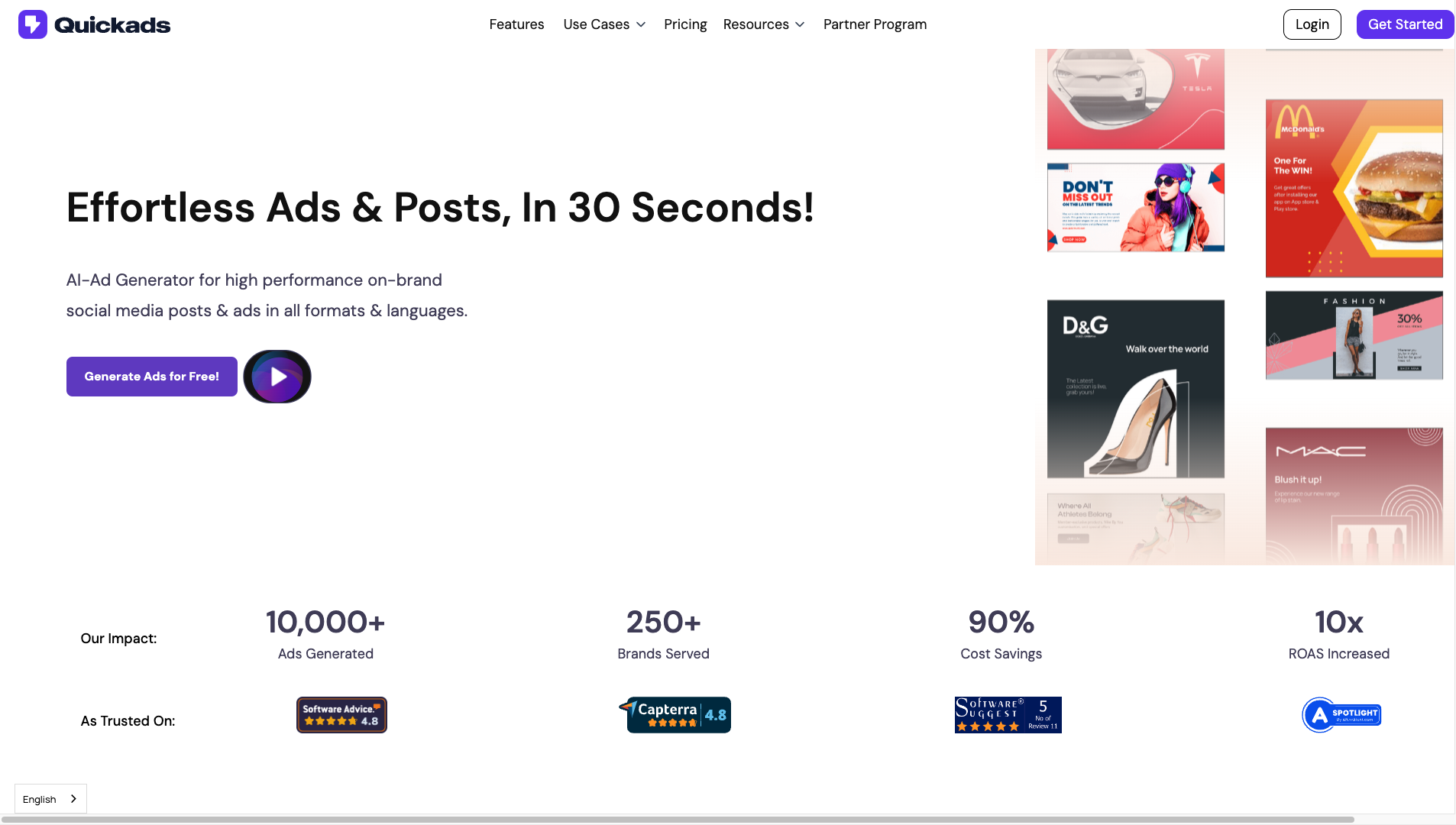 Screenshot of the Quickads website