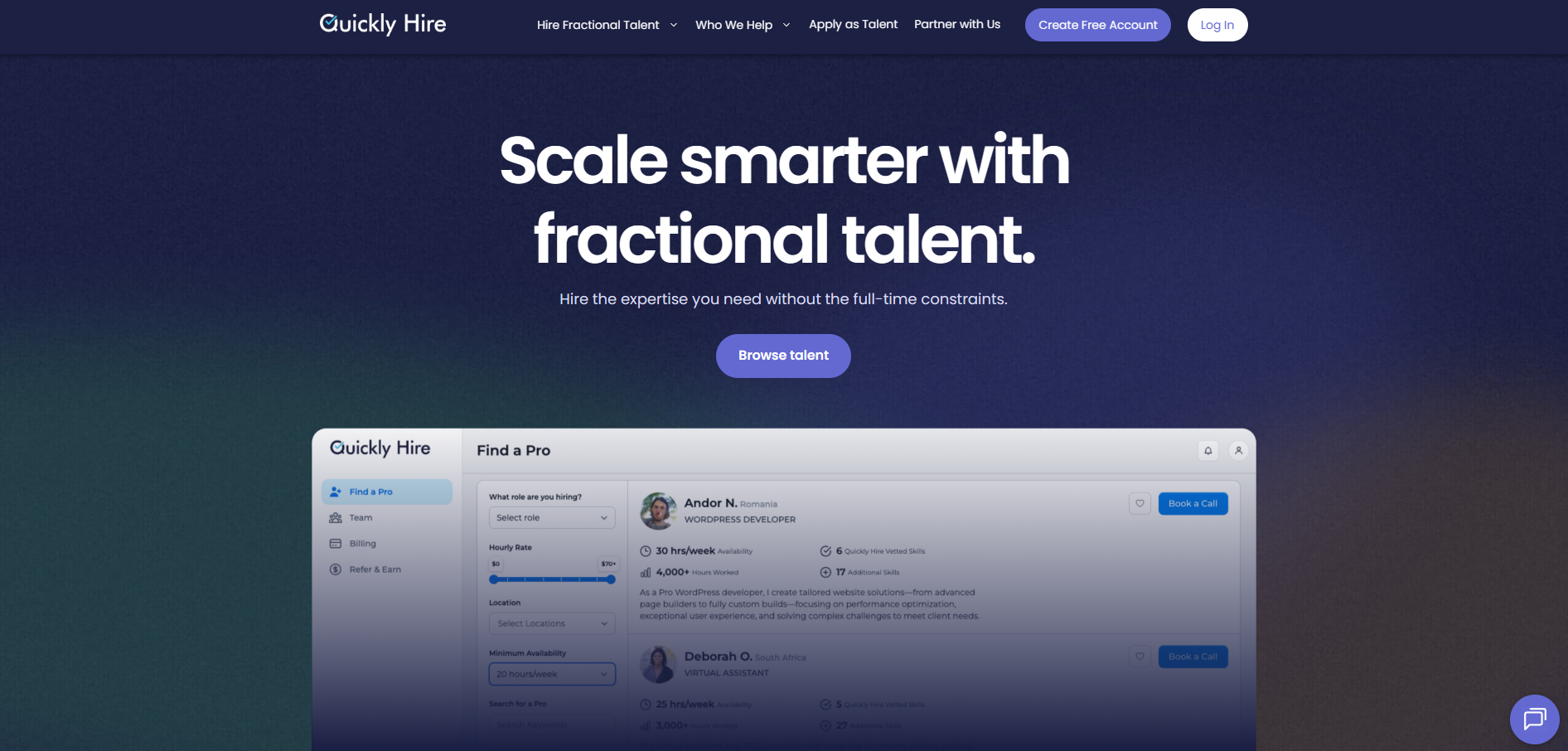 Screenshot of the Quickly Hire website