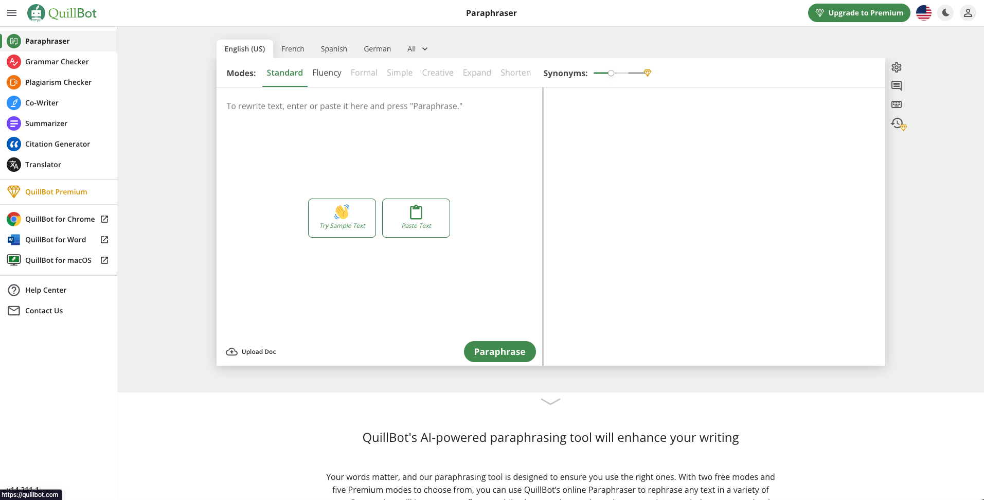 Screenshot of QuillBot Homepage
