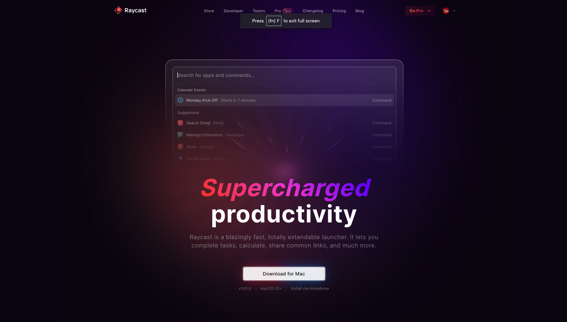 Screenshot of the Raycast website