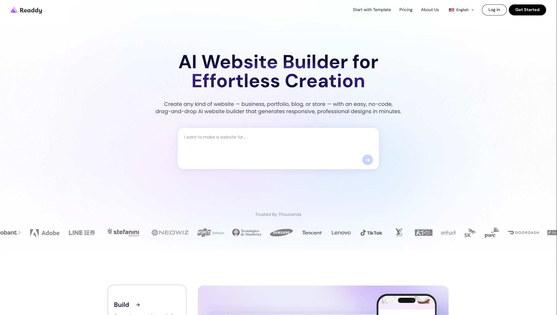 Screenshot of the Readdy website