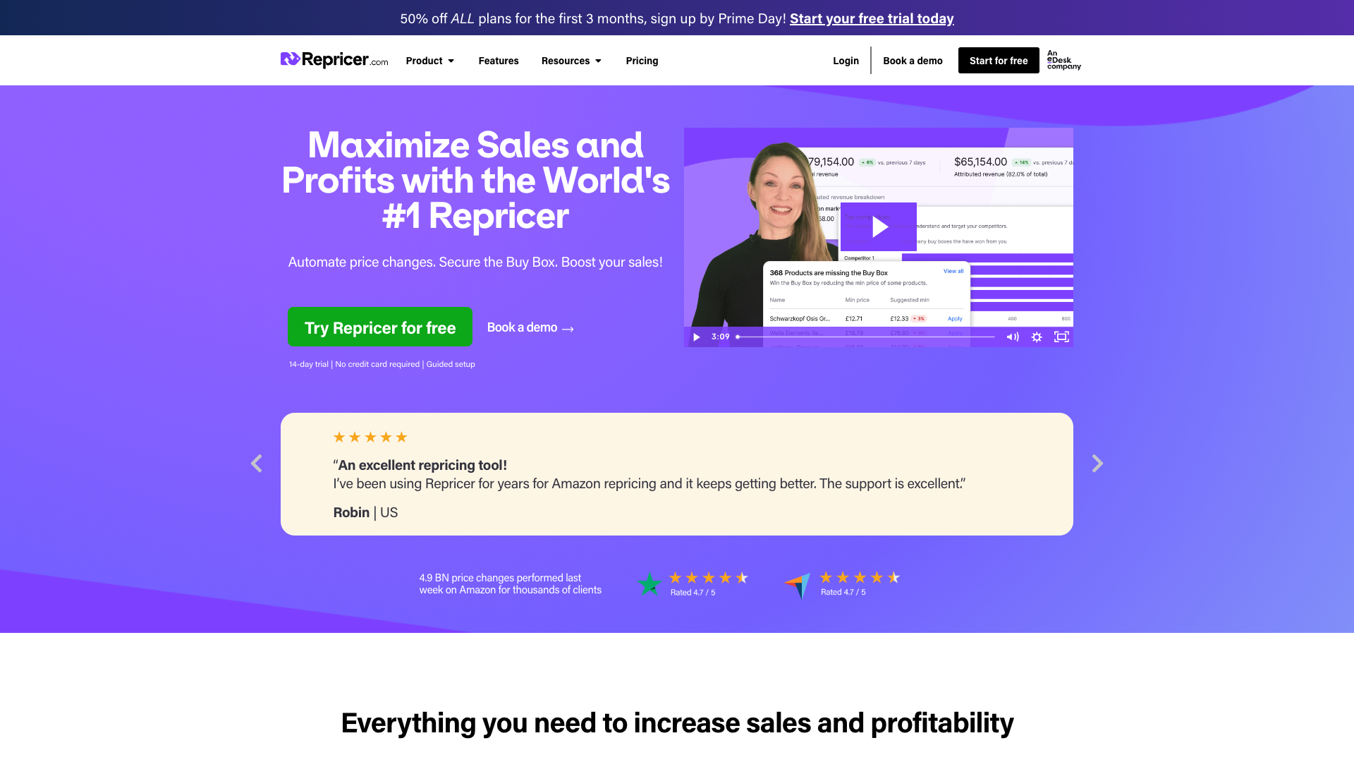 Screenshot of the Repricer website
