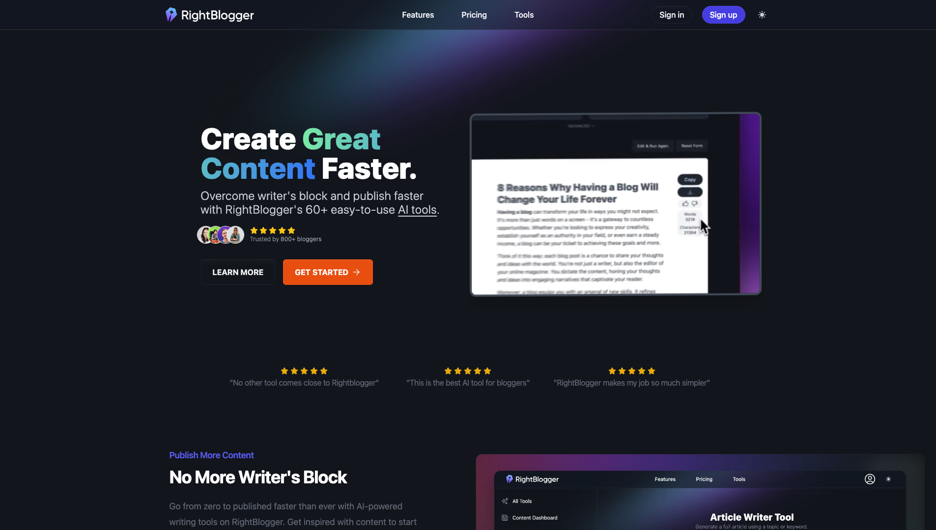 Screenshot of the RightBlogger website