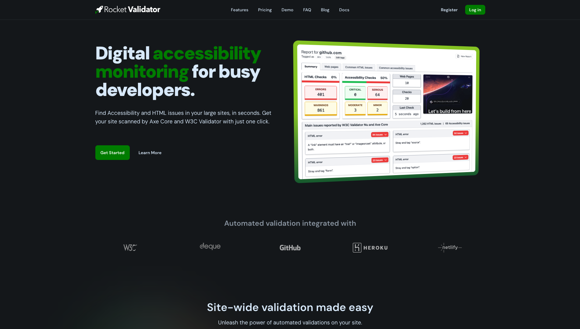 Screenshot of the Rocket Validator website