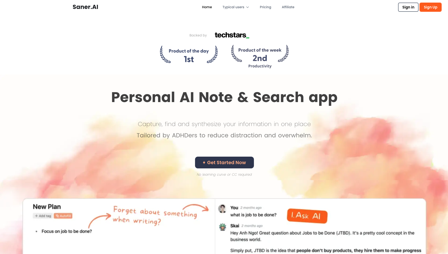Screenshot of the Saner AI website
