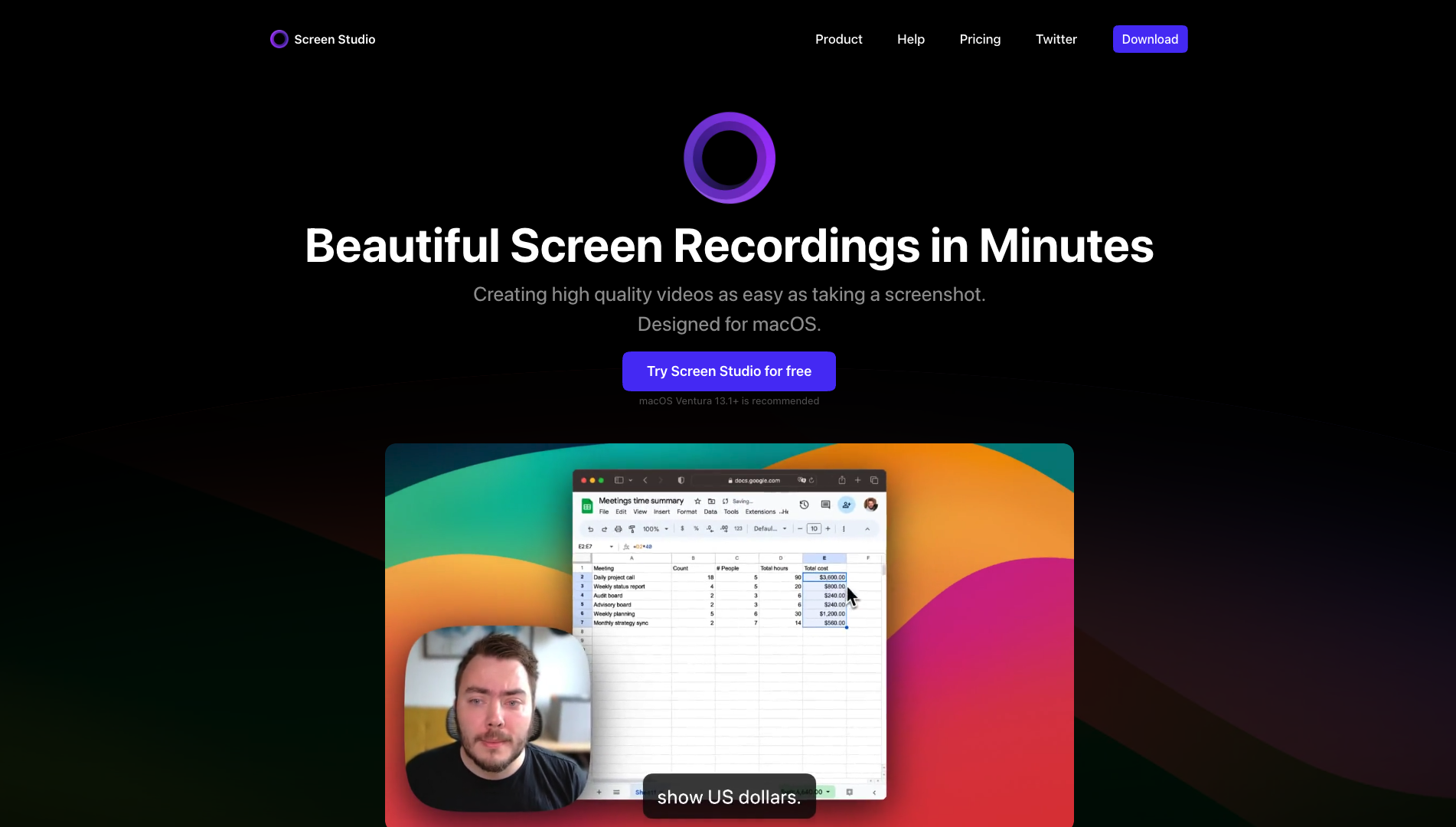 Screenshot of the Screen Studio website