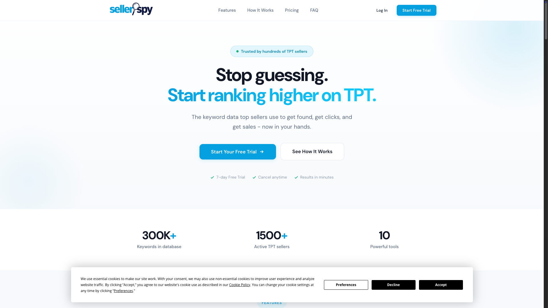 Screenshot of the SellerSpy website