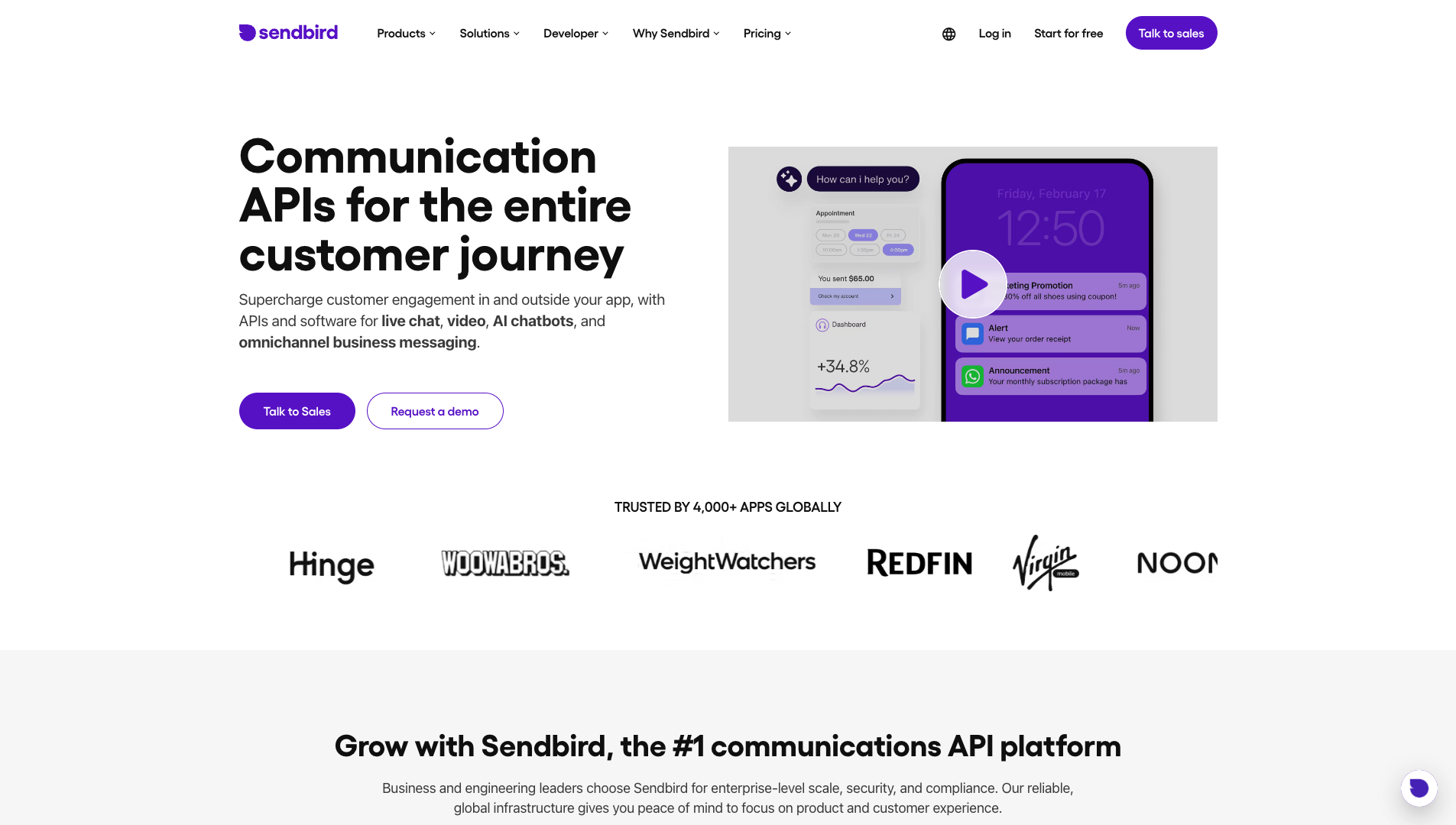 Screenshot of Sendbird Homepage