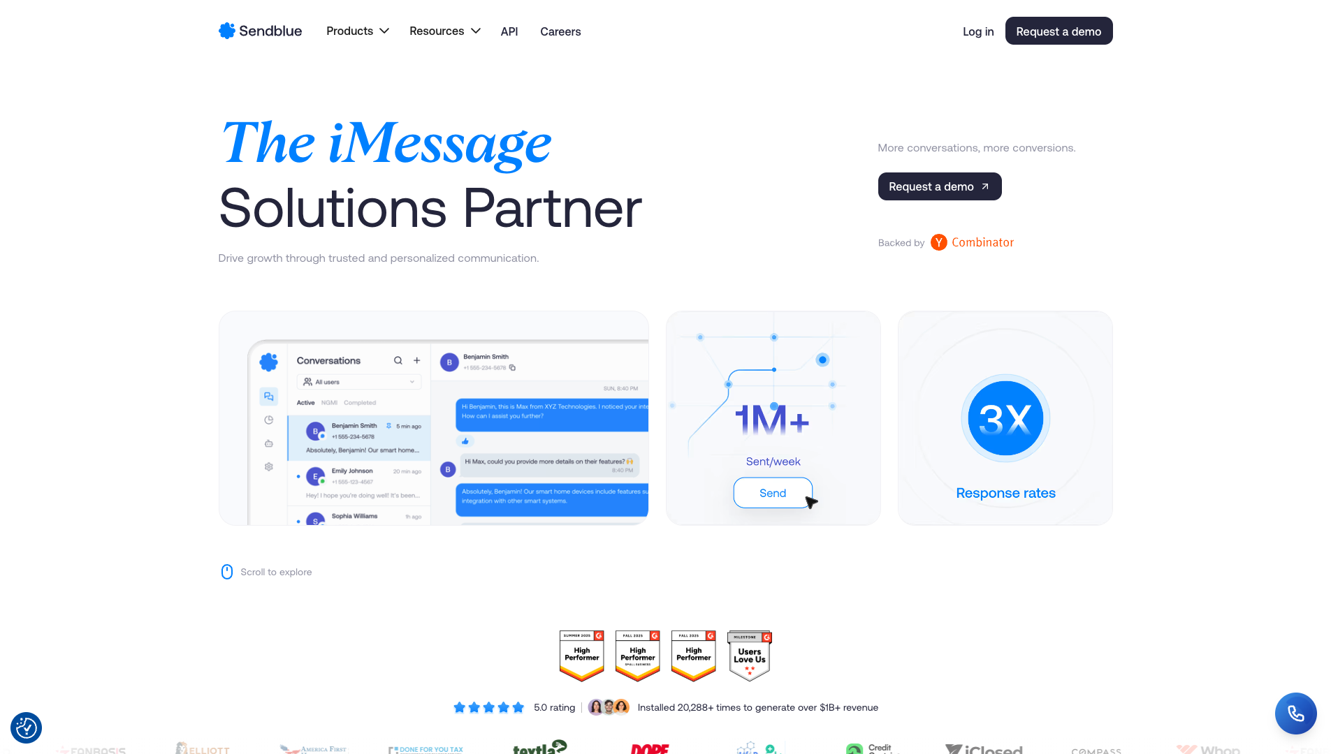 Screenshot of the Sendblue website