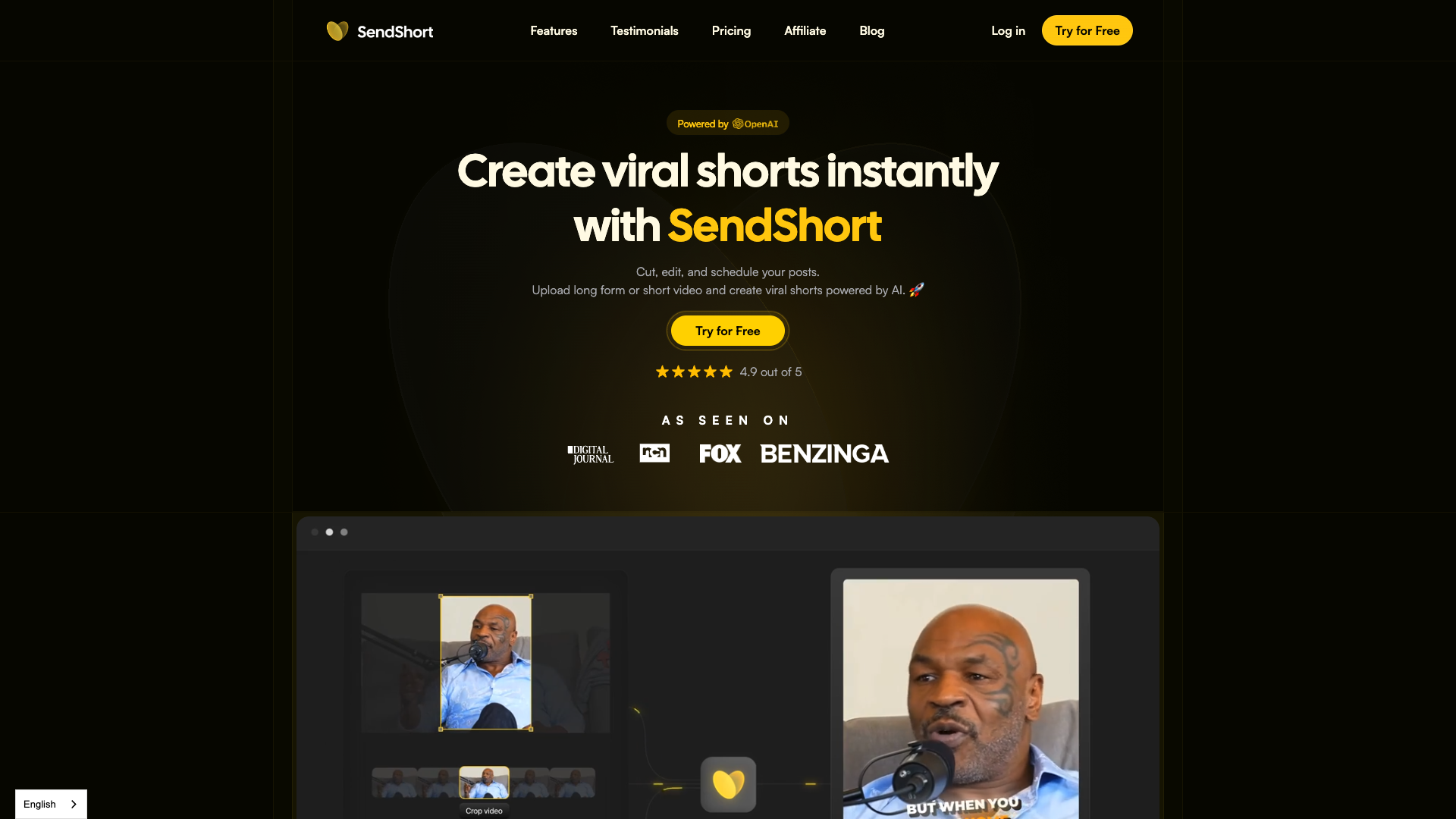 Screenshot of the SendShort website