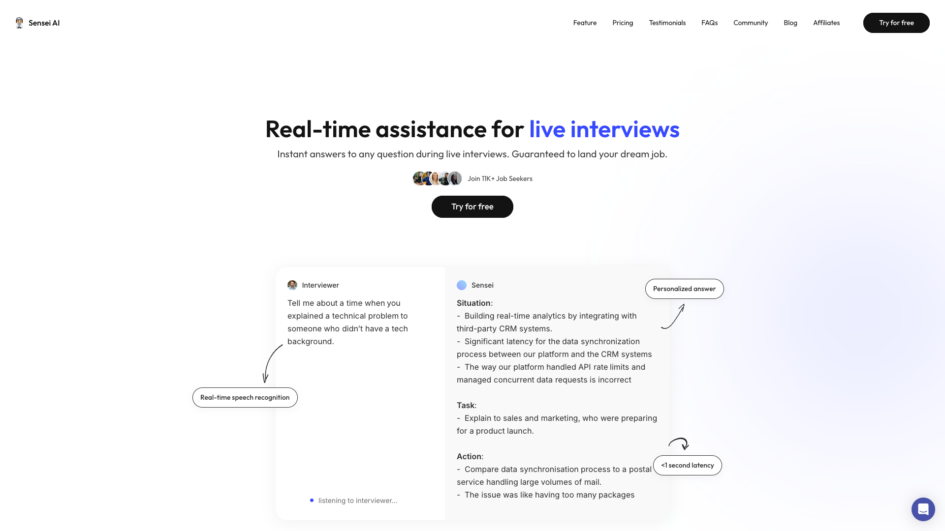 Screenshot of the Sensei AI website