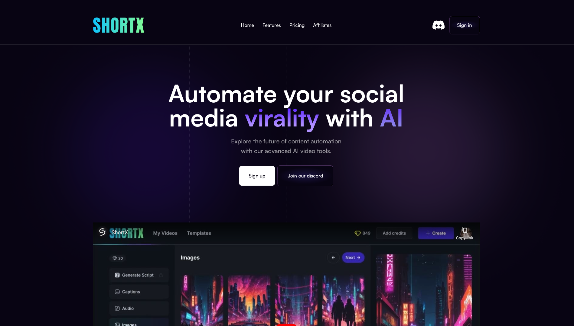 Screenshot of the Shortx website