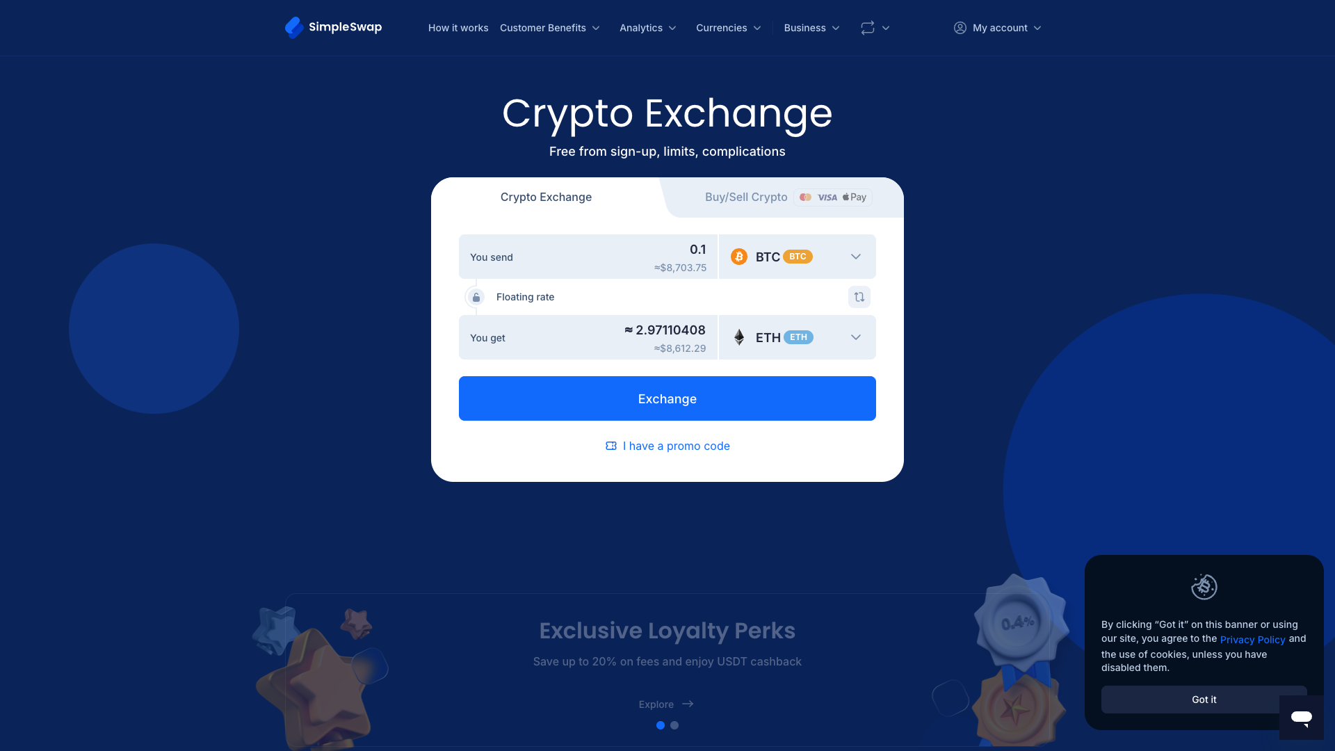 Screenshot of the SimpleSwap website