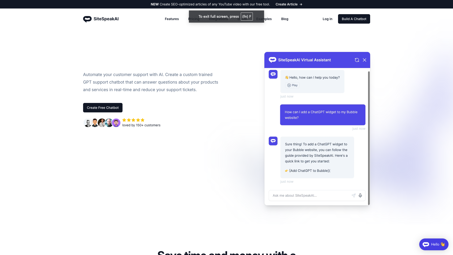 Screenshot of the SiteSpeakAI website