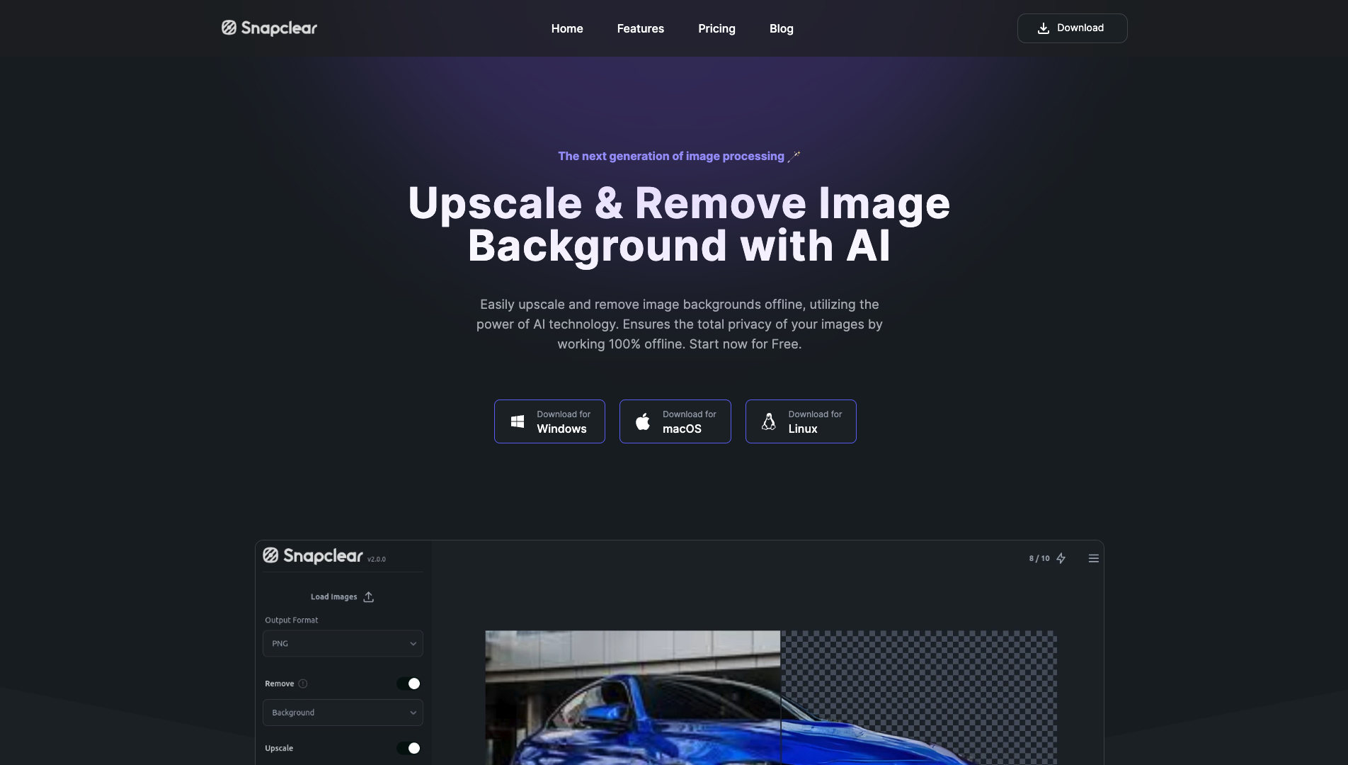 Screenshot of the Snapclear website