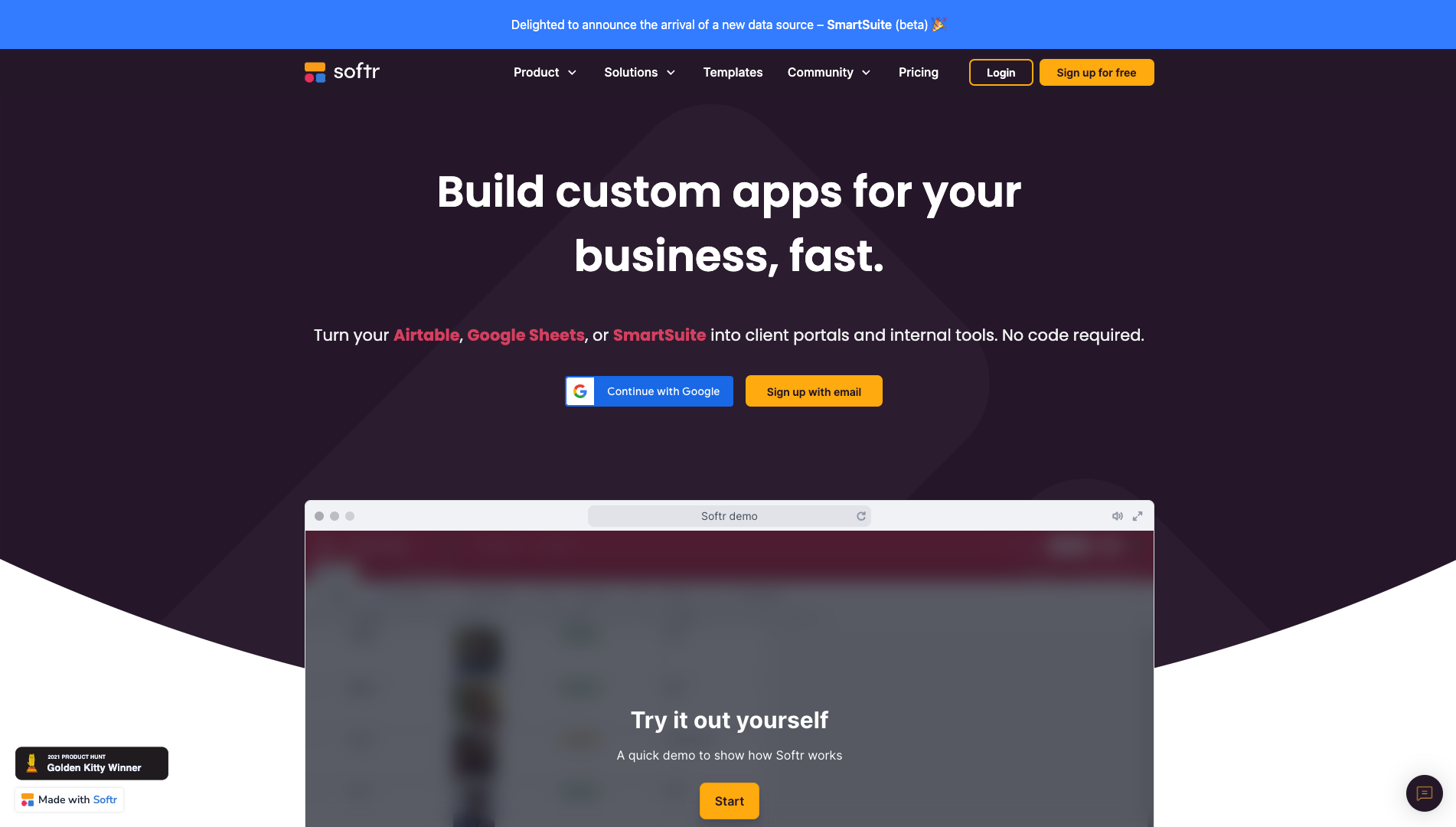 Screenshot of the Softr website