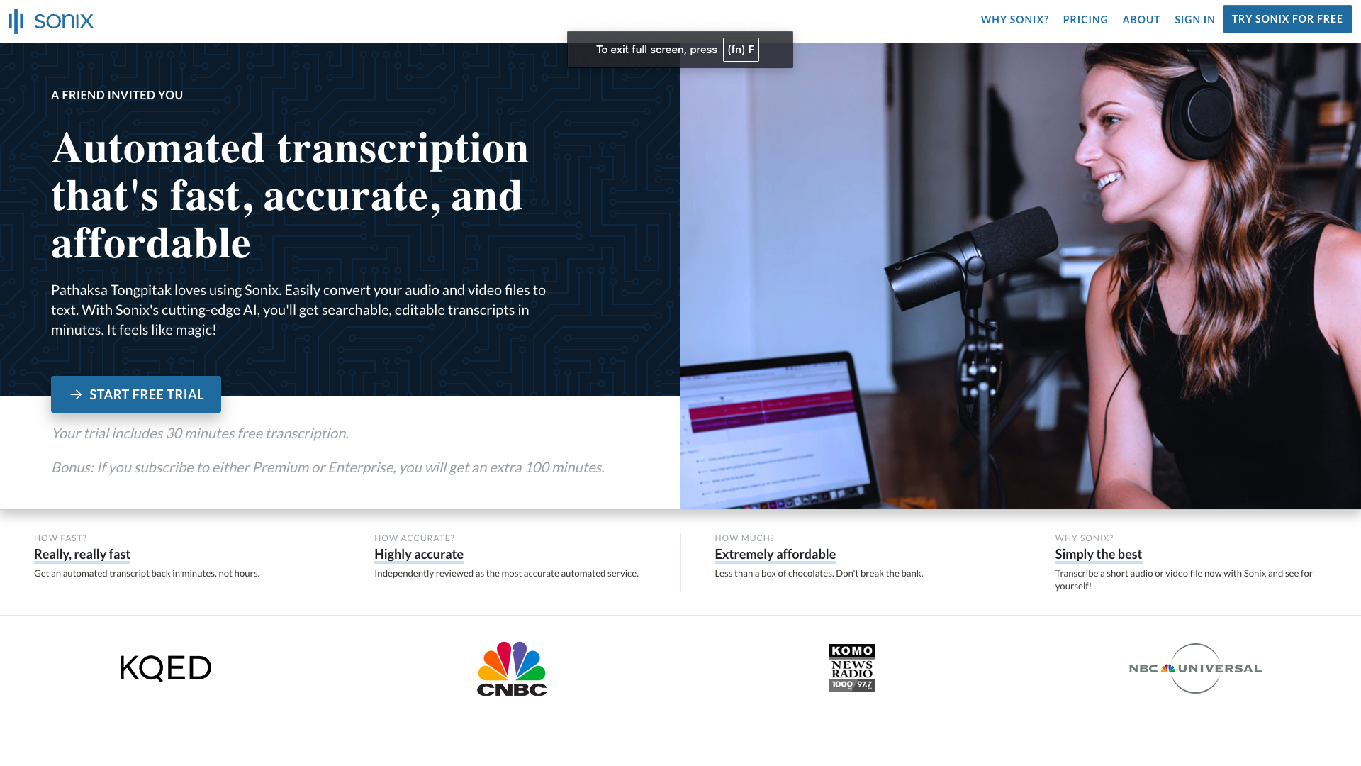 Screenshot of the Sonix website