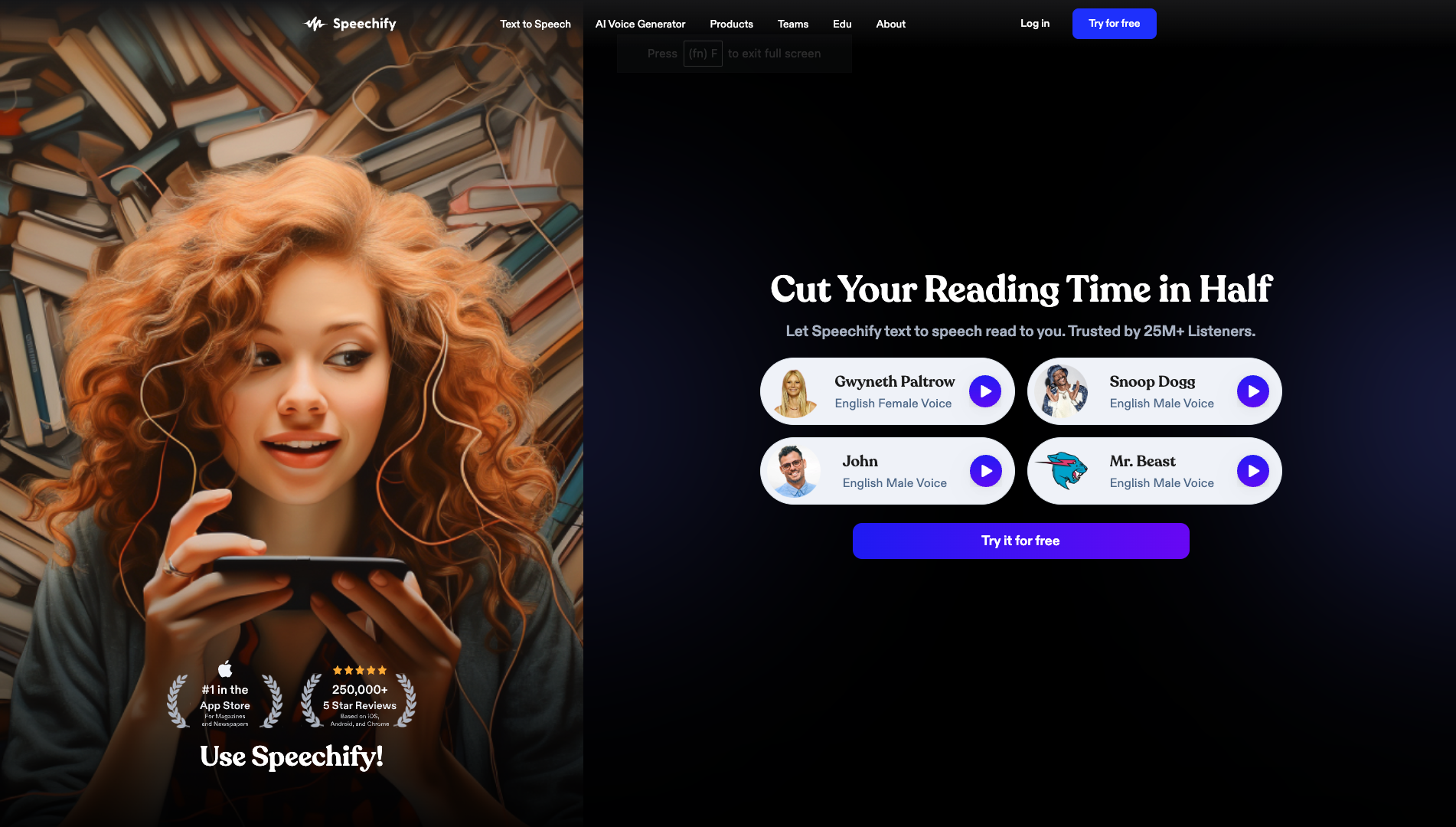 Screenshot of the Speechify website