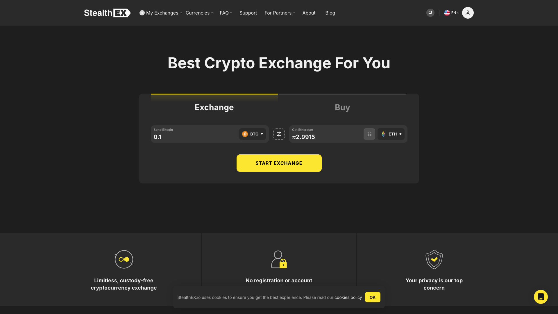 Screenshot of the StealthEX website