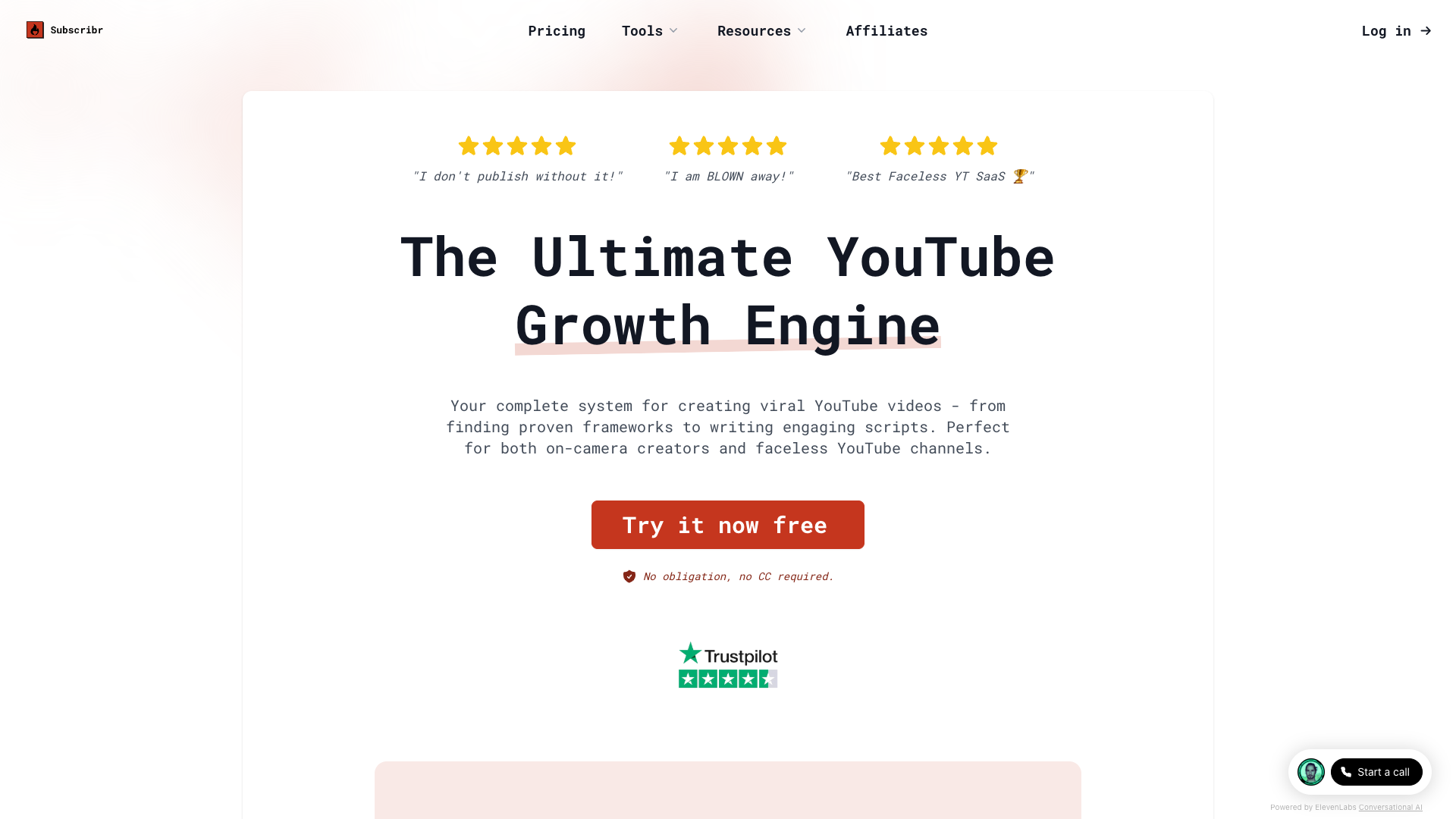 Screenshot of Subscribr Homepage
