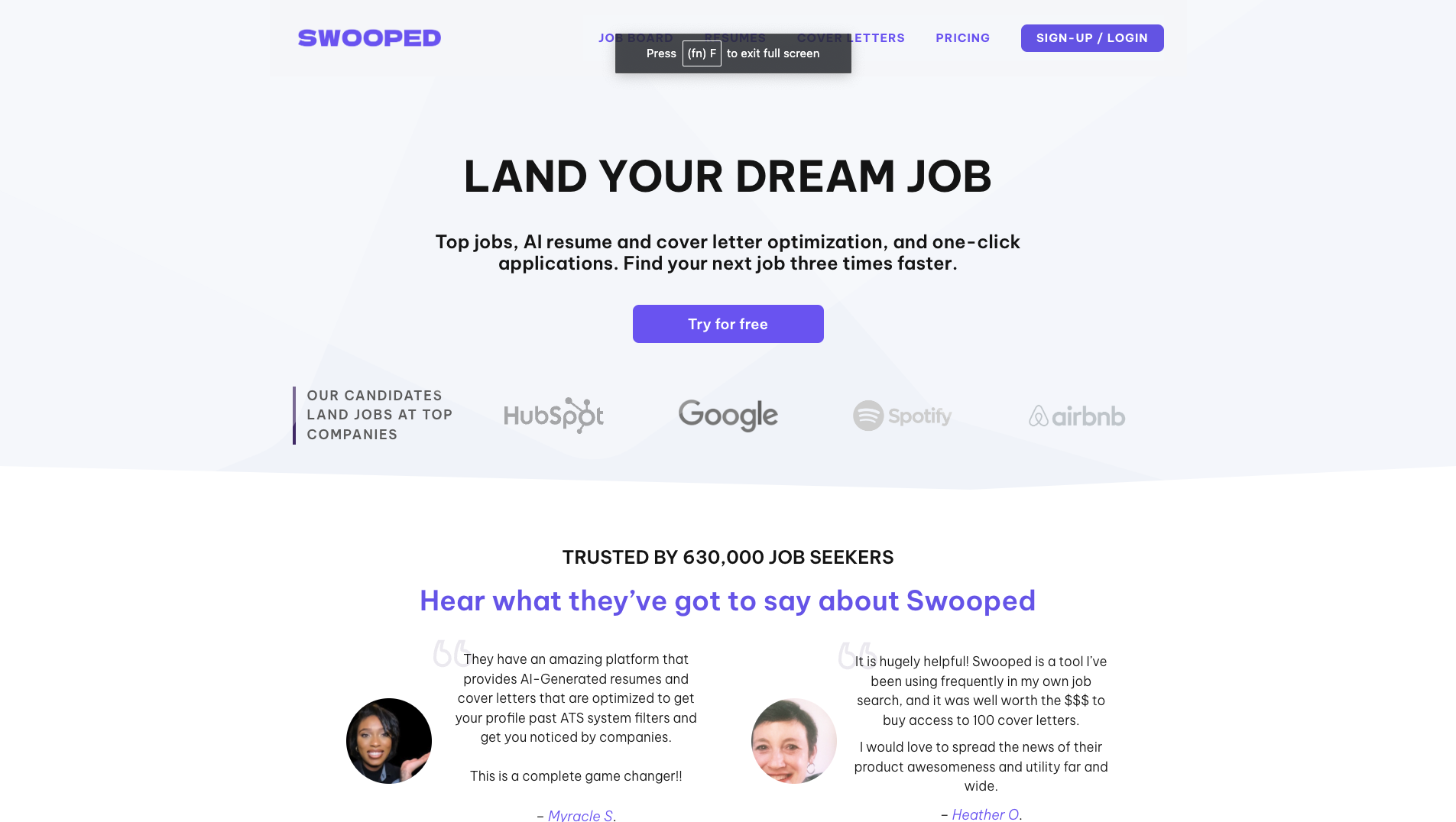 Screenshot of the Swooped website