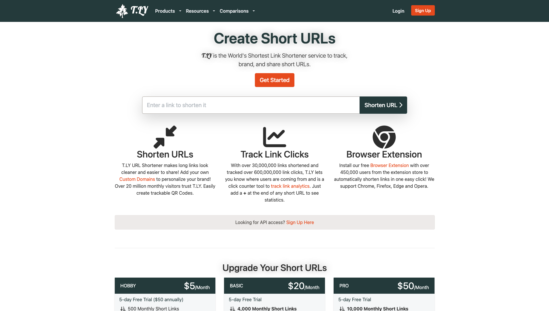 Screenshot of the T.Ly website