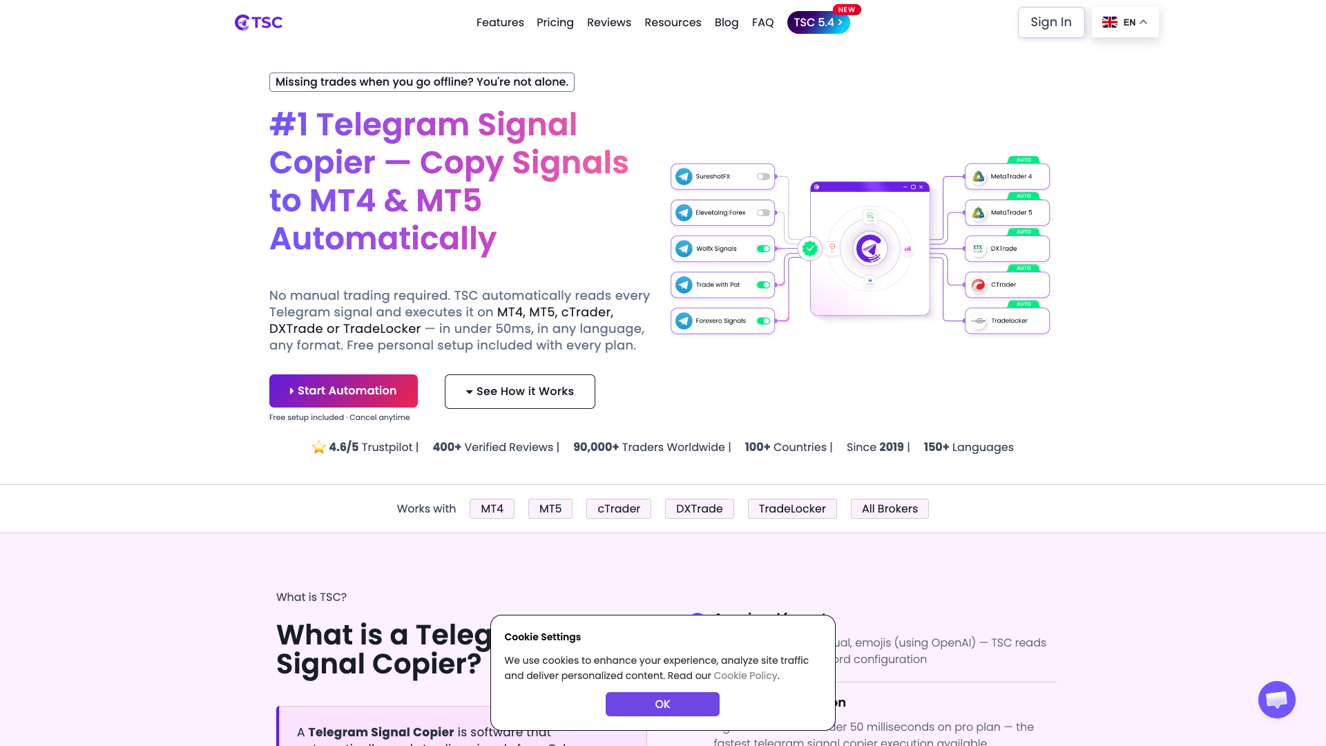 Screenshot of the TelegramSignalCopier website