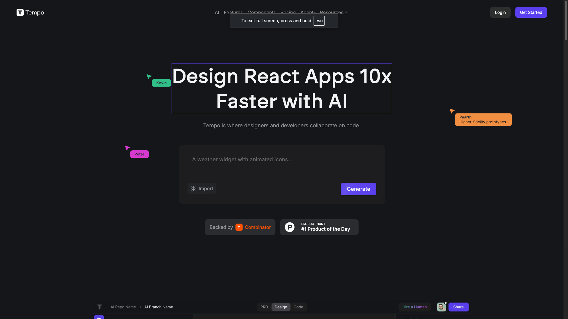 Screenshot of the Tempo website