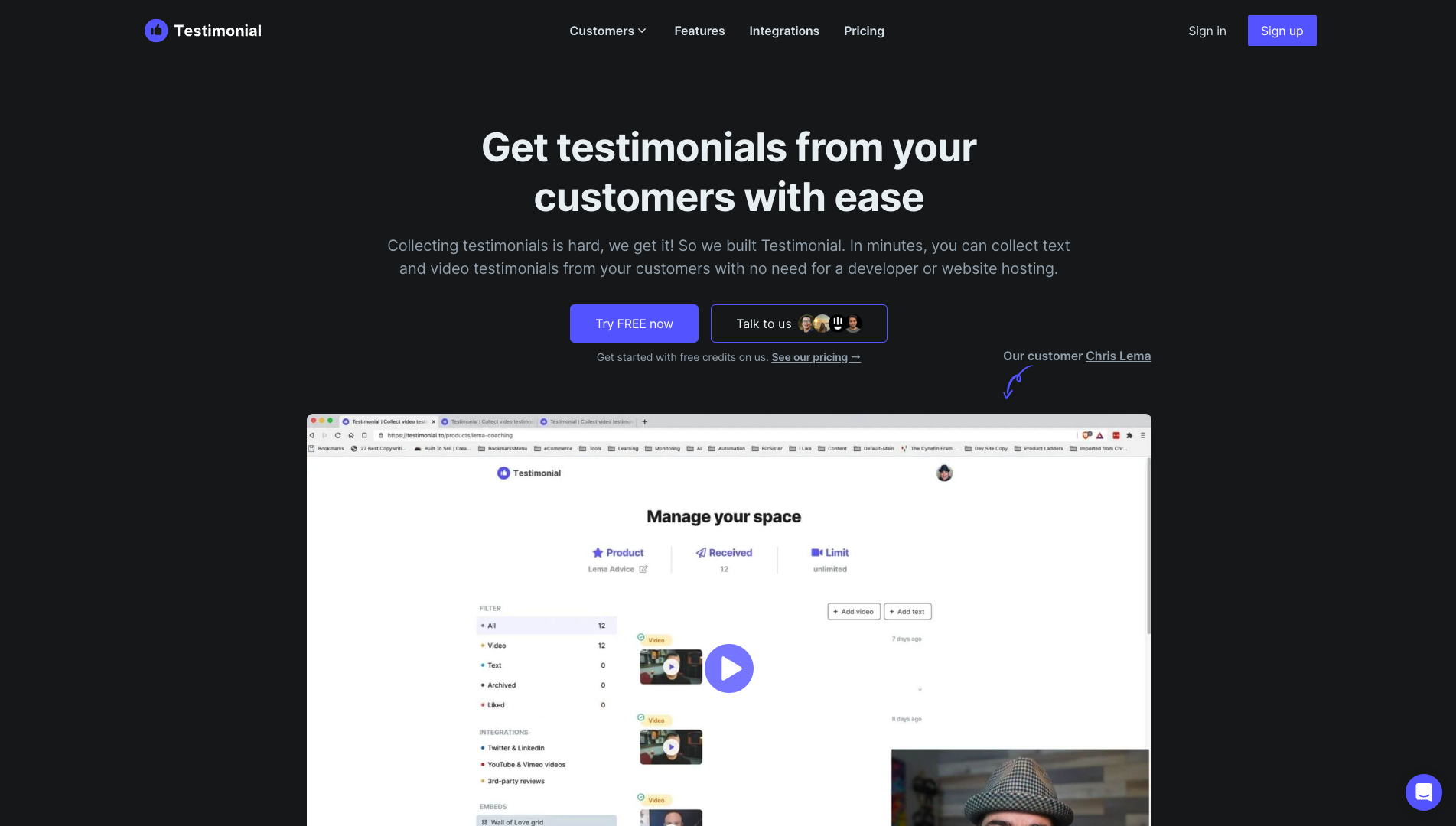 Screenshot of the Testimonial.to website